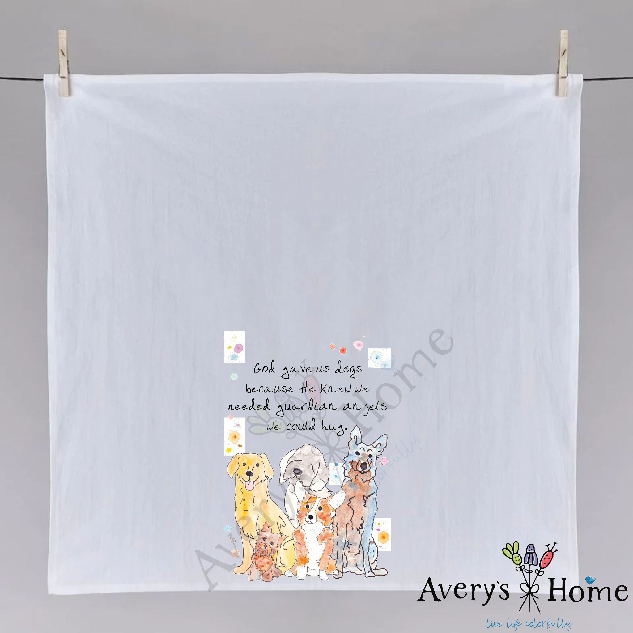 Dogs are Guardian Angels dish towel hanging in the kitchen