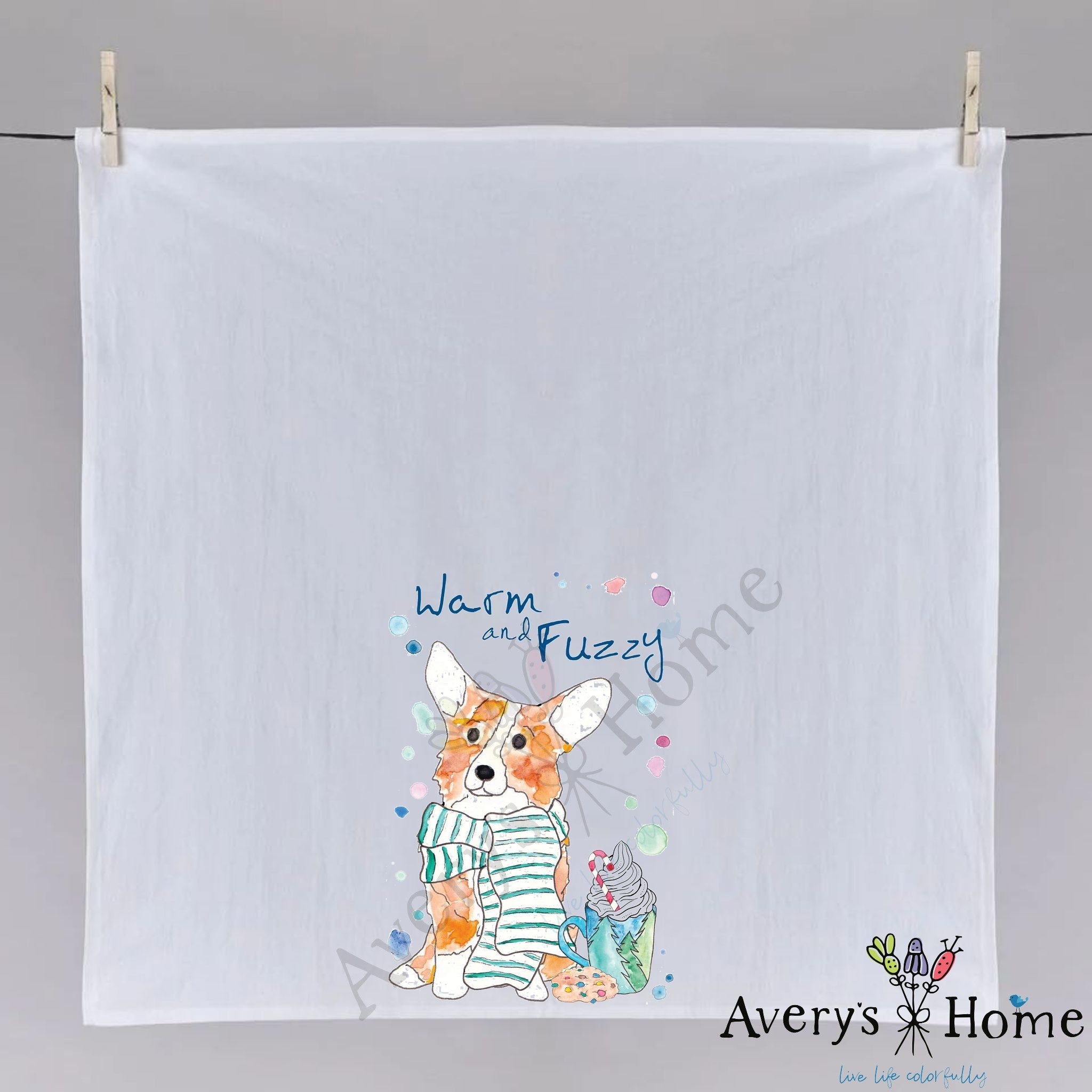 Warm and Fuzzy Winter Corgi dish towel hanging in the kitchen