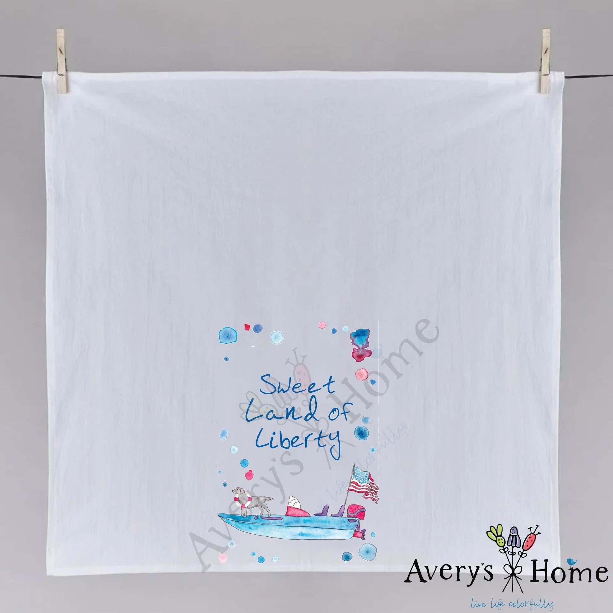 Sweet Land of Liberty dish towel folded, hemmed on all four sides
