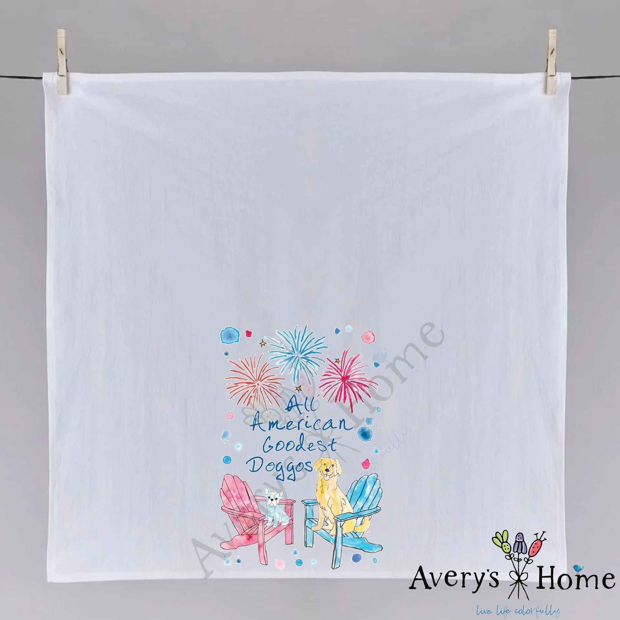 All American Doggos dish towel fully open, 27x27 flour sack cotton