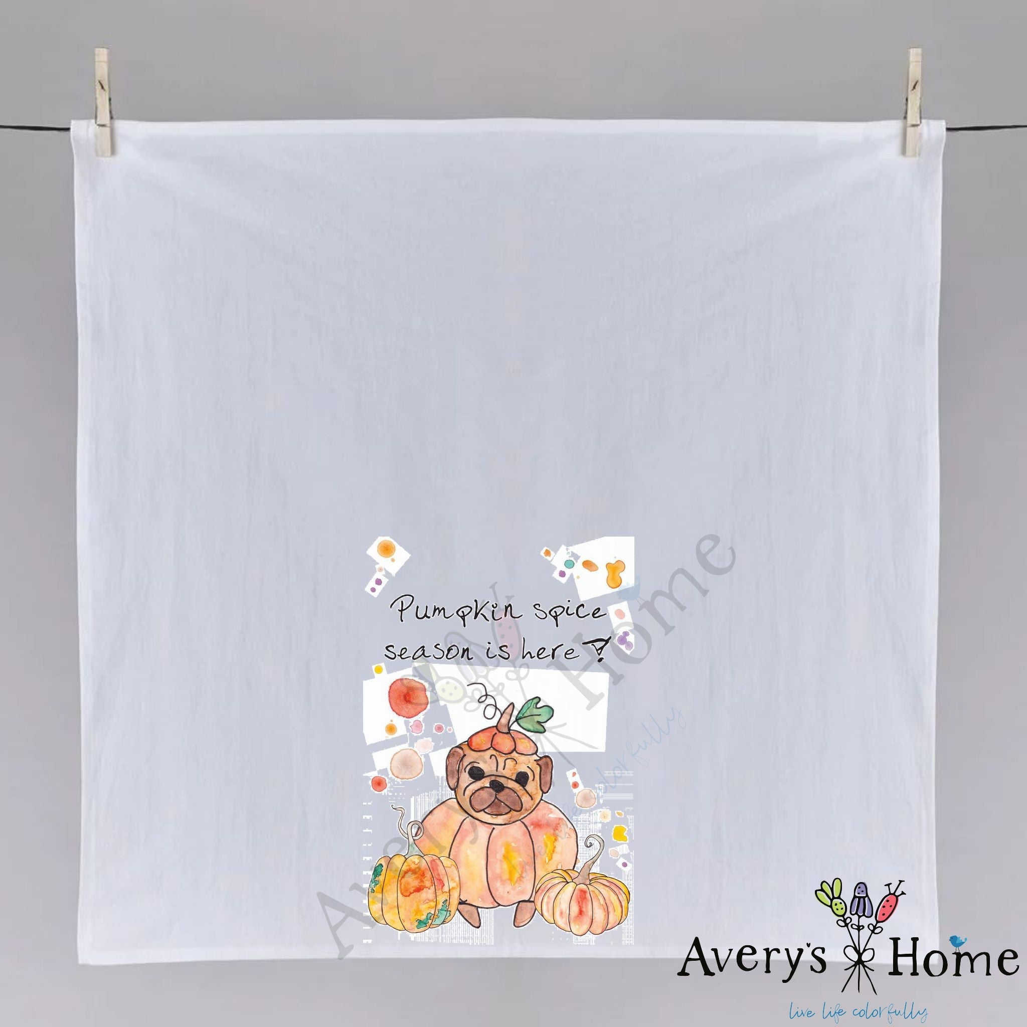Pumpkin Spice Season dish towel hanging in the kitchen