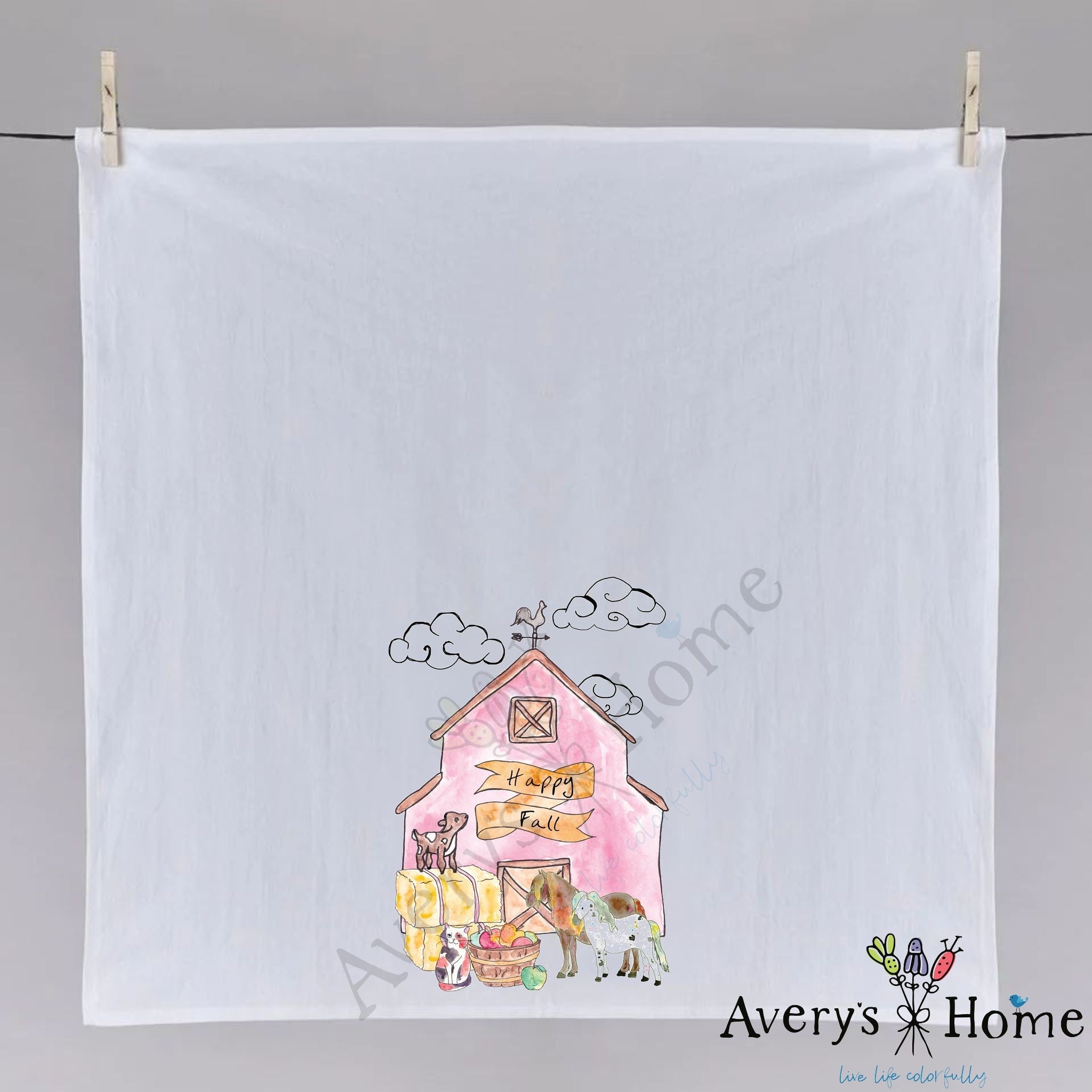 Fall Barn dish towel fully open, 27x27 flour sack cotton