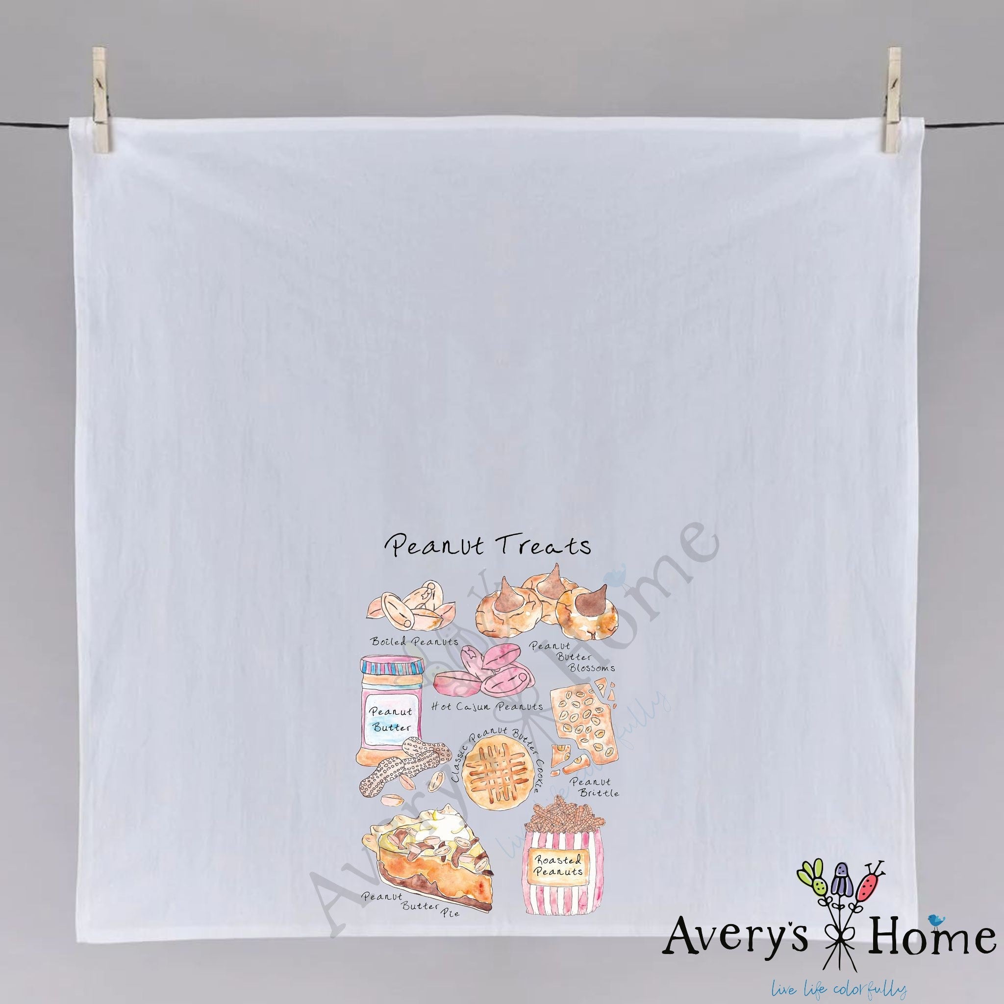 Peanut Treats dish towel hanging in the kitchen