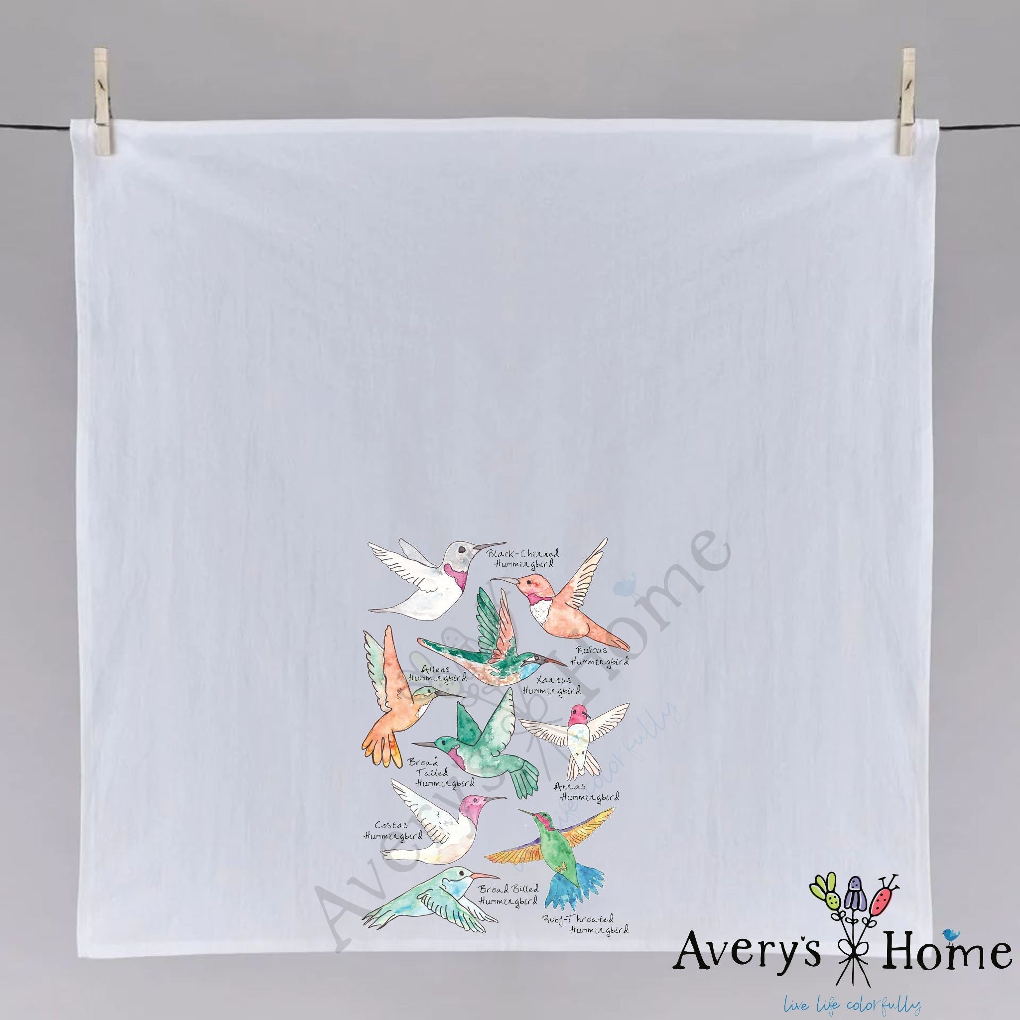 North America Hummingbirds dish towel hanging in the kitchen