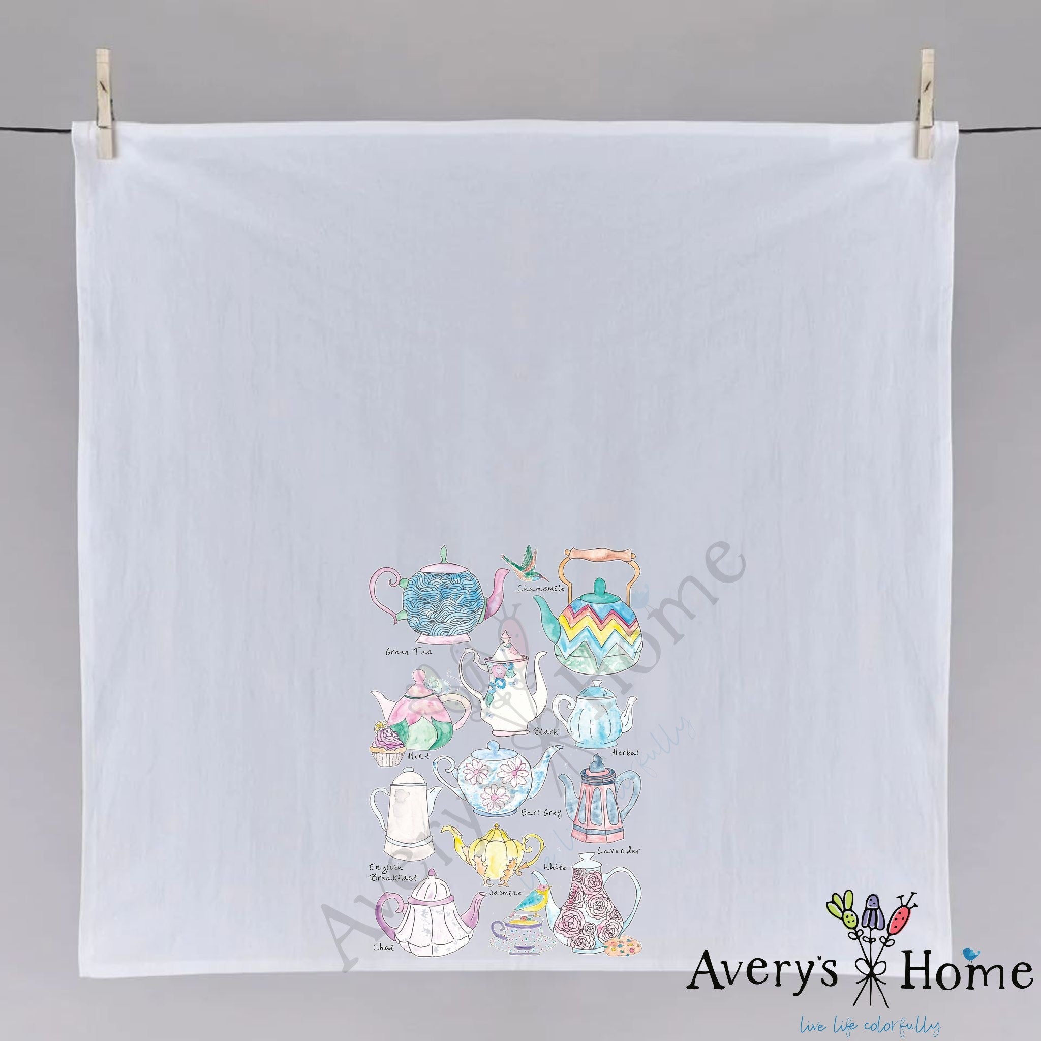 Tea in Tea Pots dish towel hanging in the kitchen