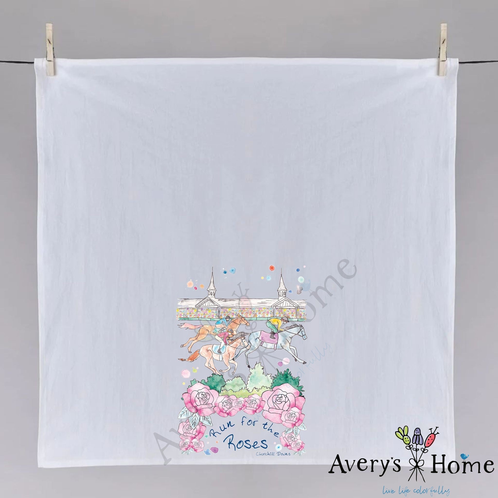 Kentucky Derby At Churchill Downs dish towel fully open, 27x27 flour sack cotton