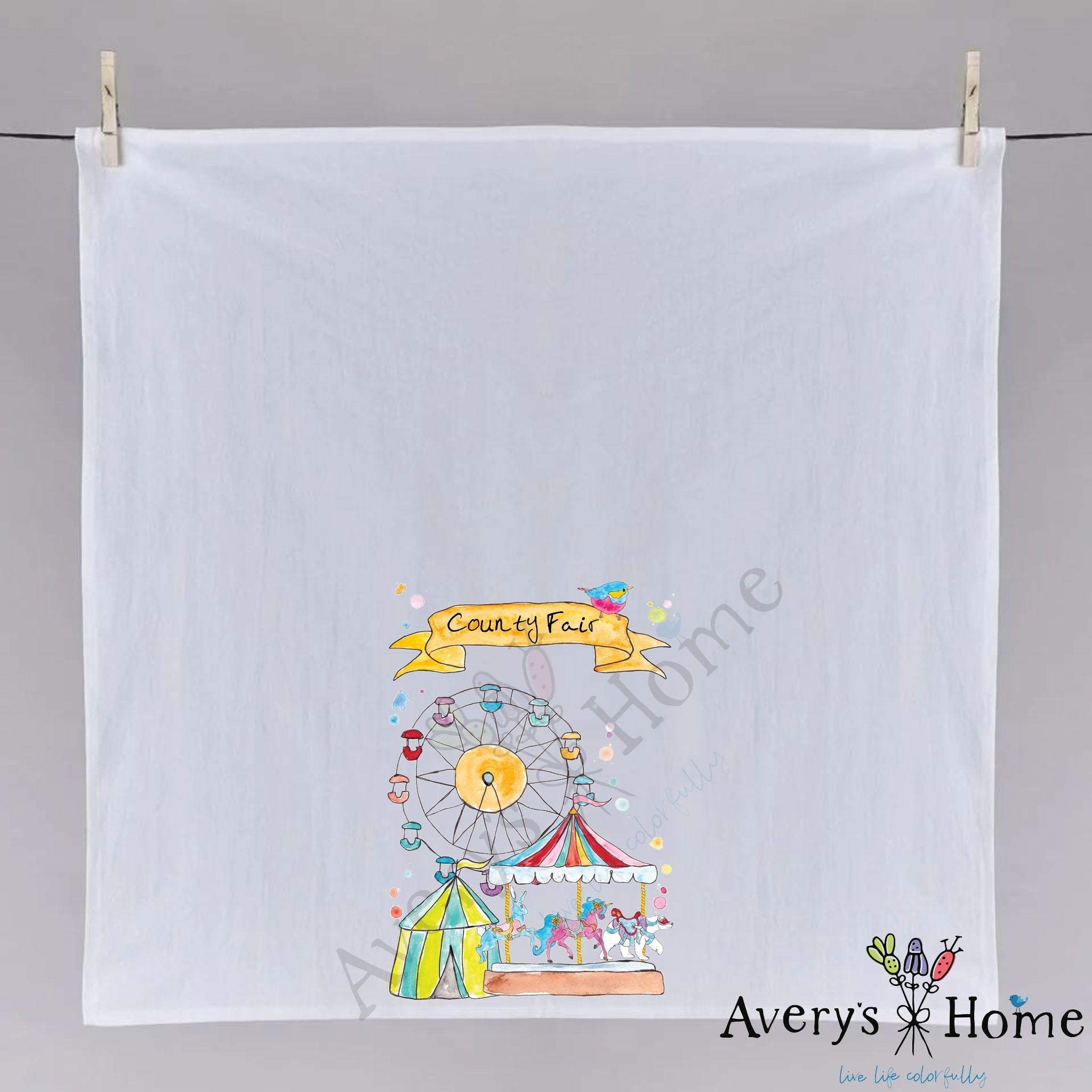 County Fair dish towel fully open, 27x27 flour sack cotton