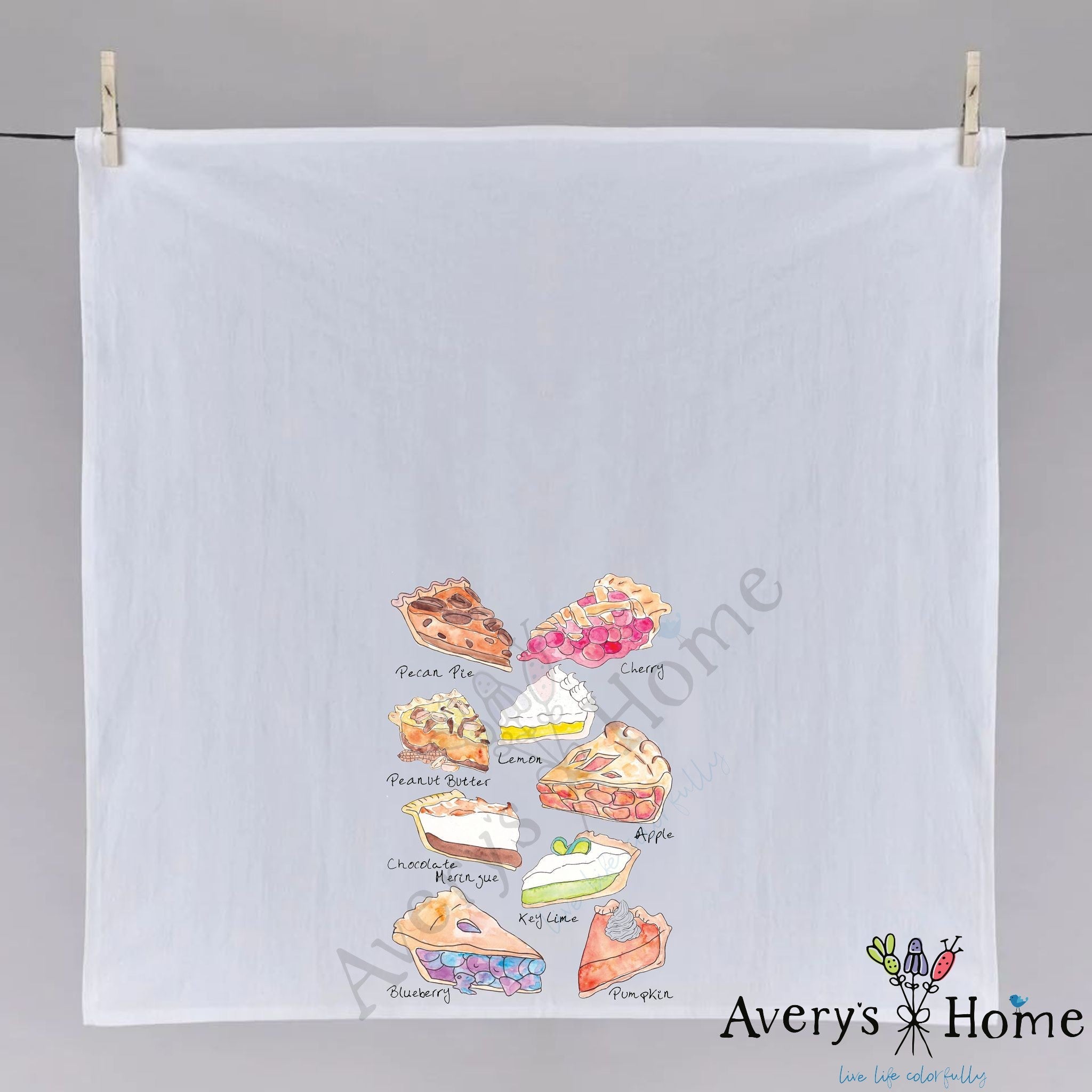 Favorite Pies dish towel hanging in the kitchen