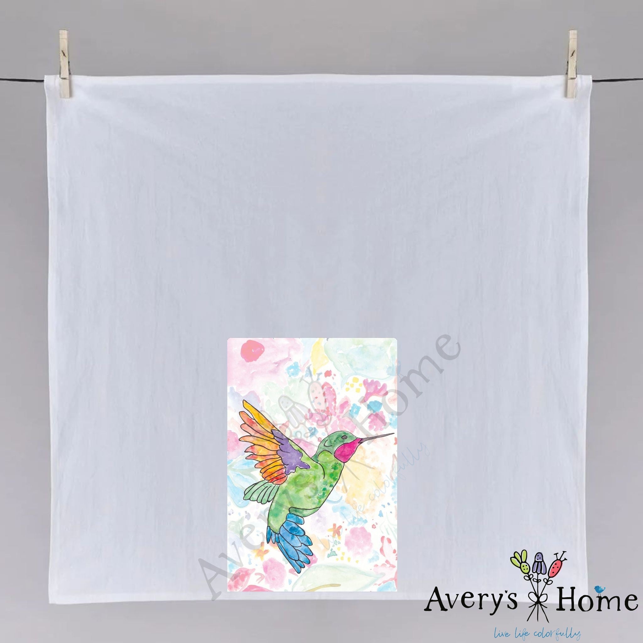 Ruby Throated Hummingbird dish towel folded, hemmed on all four sides