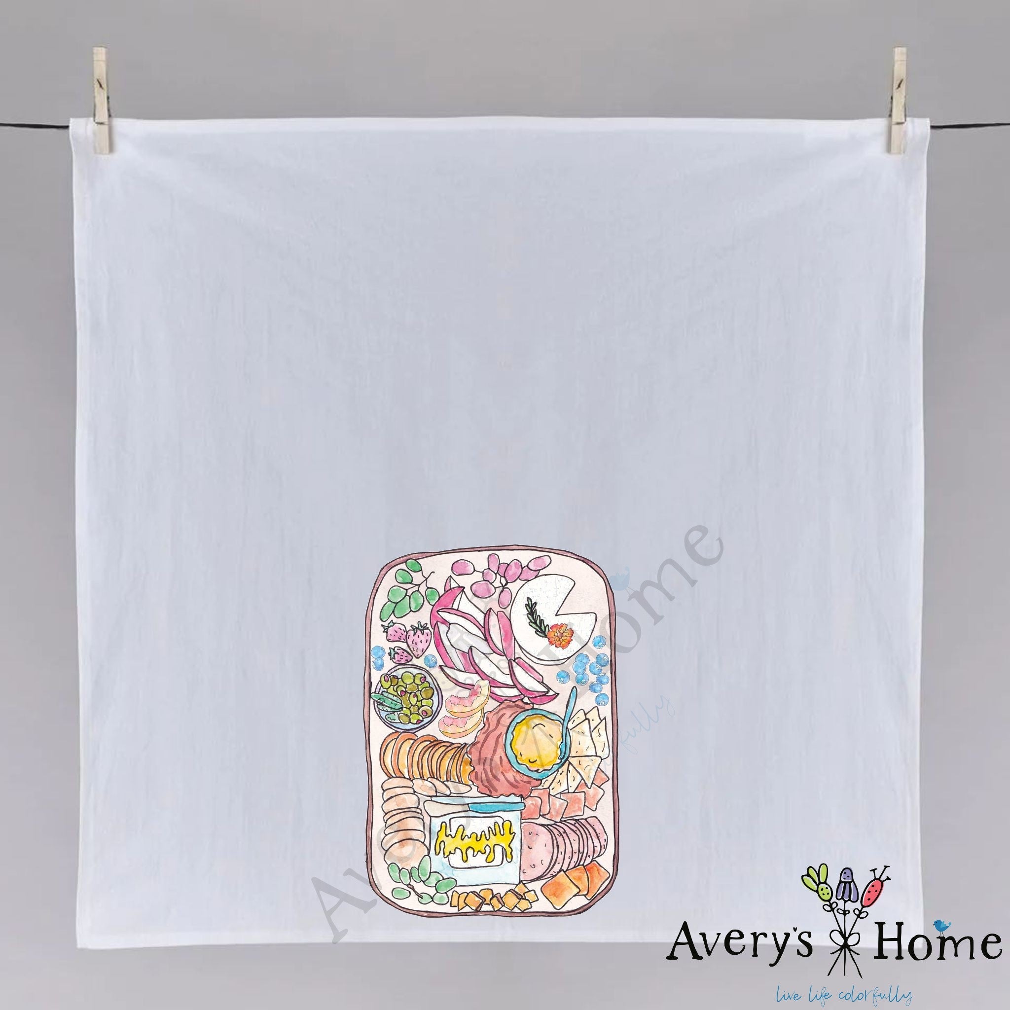 Charcuterie Cheese Board dish towel hanging in the kitchen