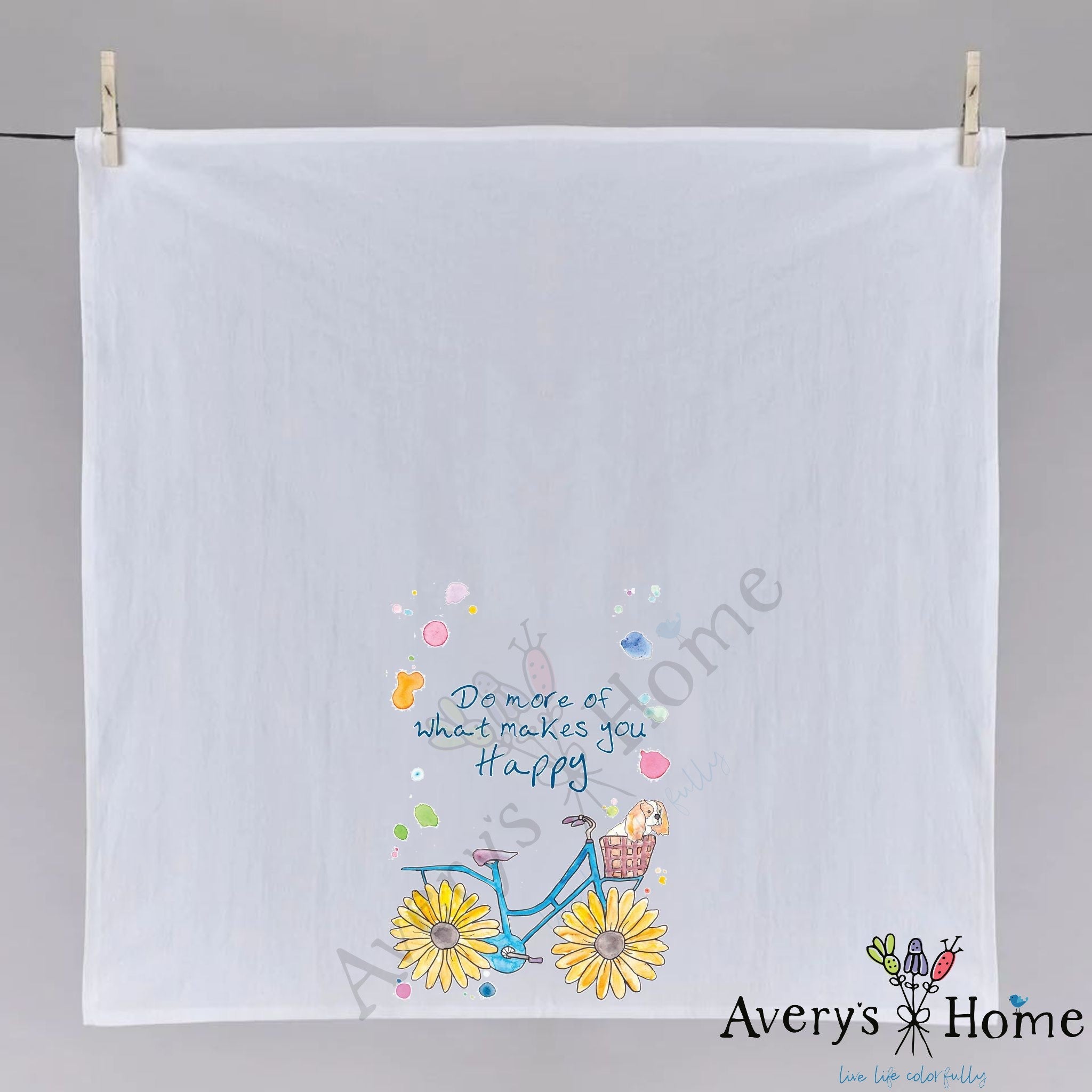 Happy Flower Bicycle dish towel hanging in the kitchen