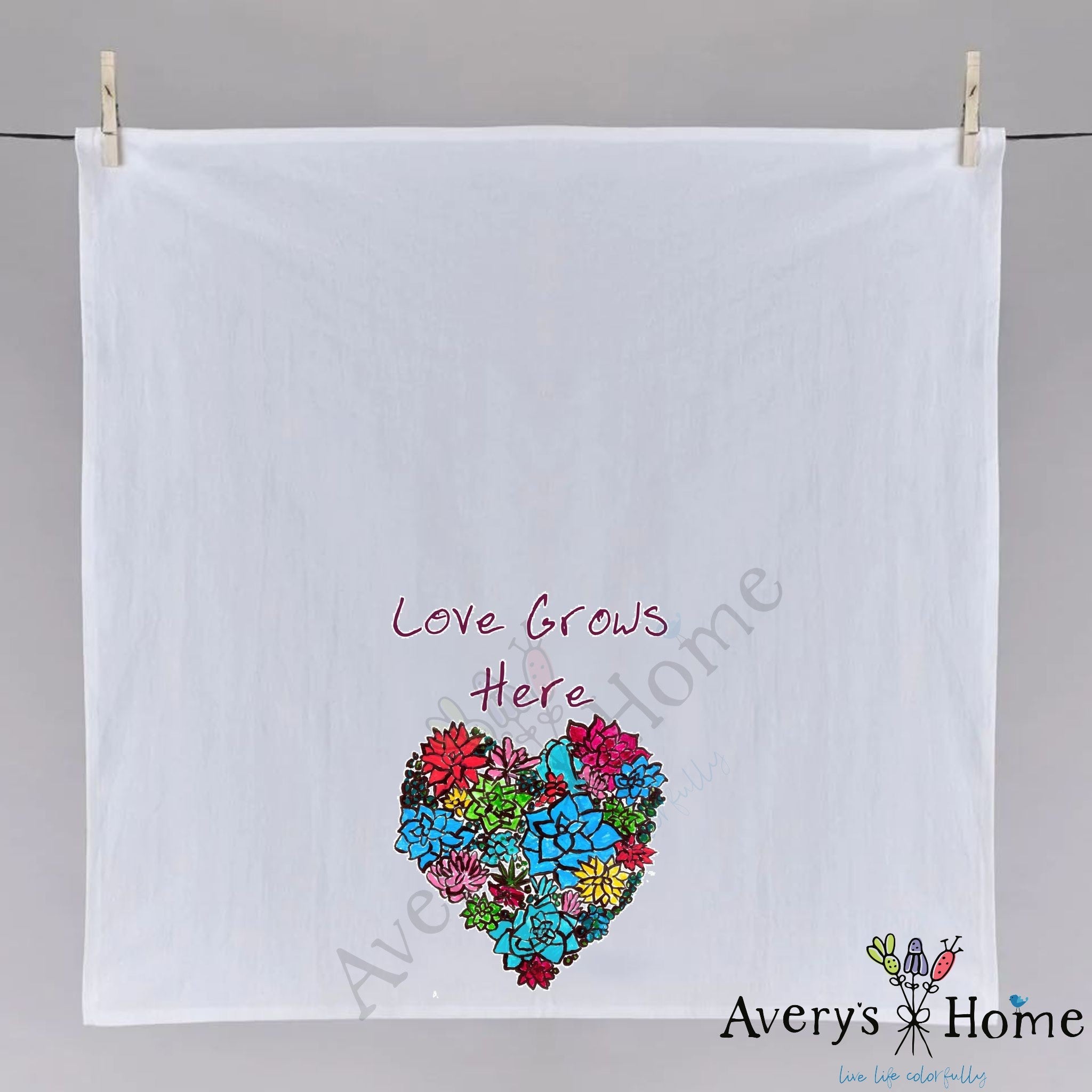Love Grows Here dish towel, 27x27 flour sack cotton