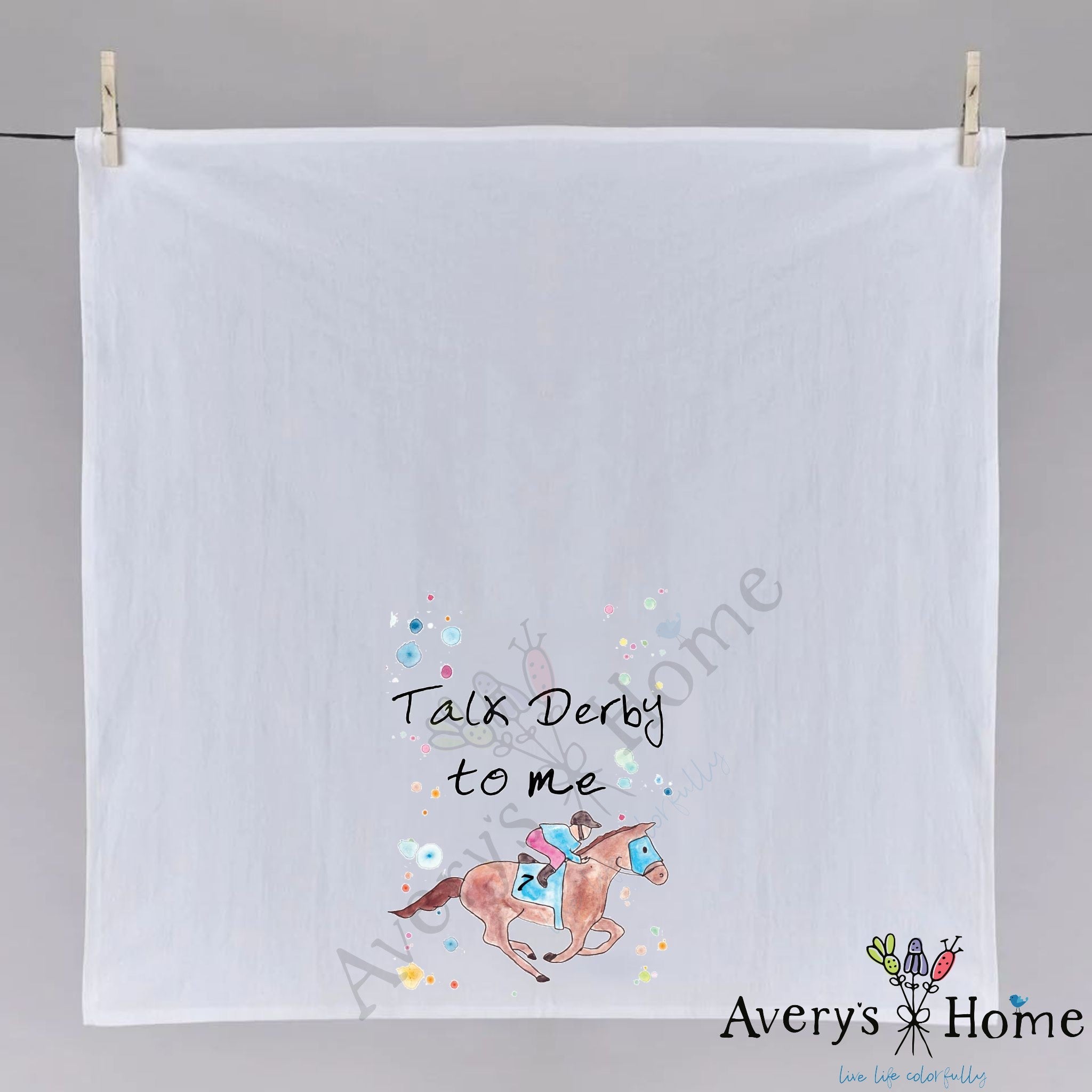 Talk Derby to Me dish towel hanging in the kitchen