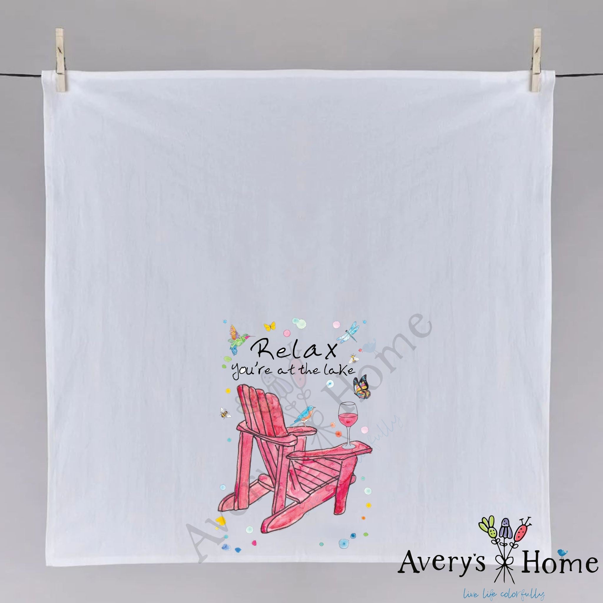 Relax at the Lake dish towel folded, hemmed on all four sides