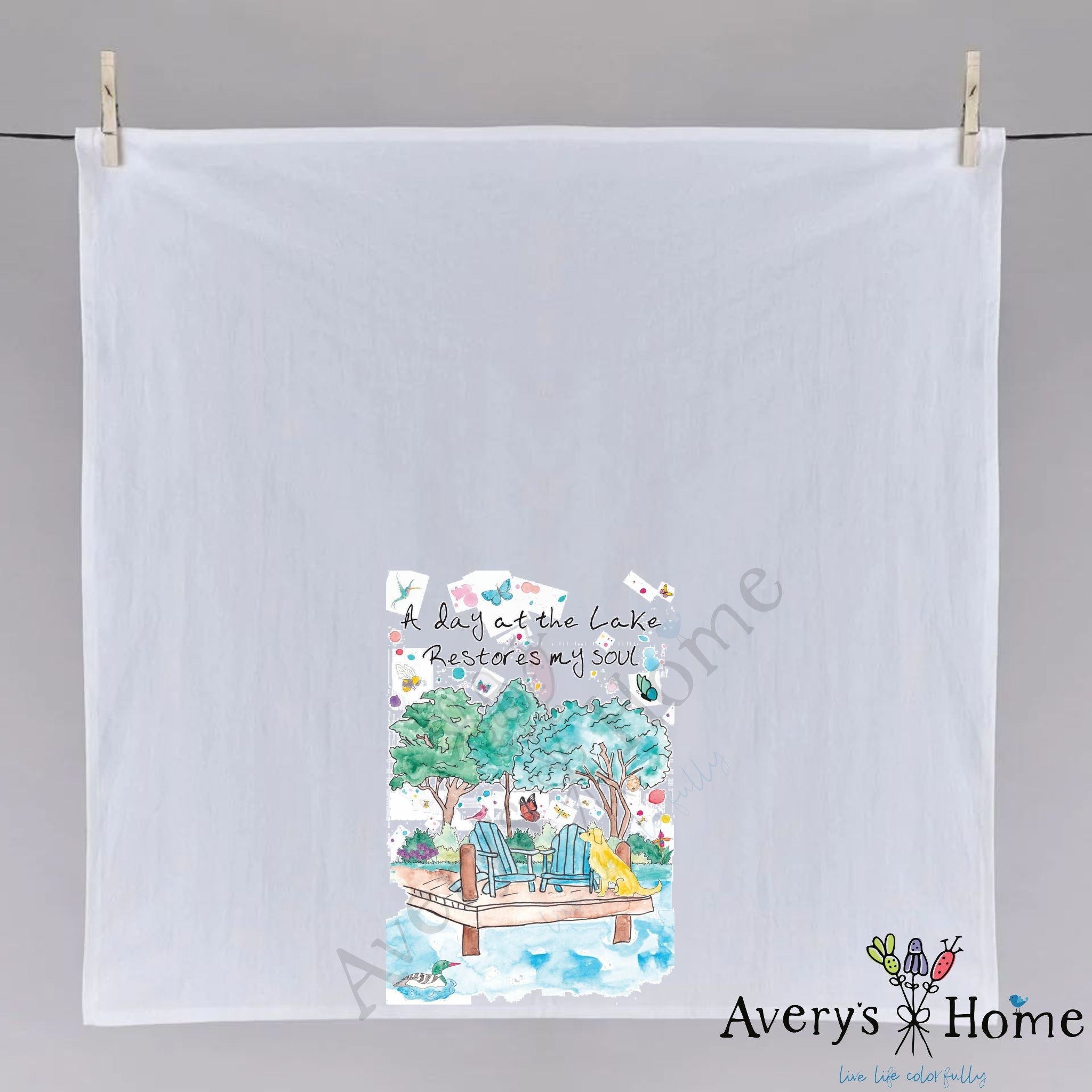 A Day at the Lake dish towel folded, hemmed on all four sides