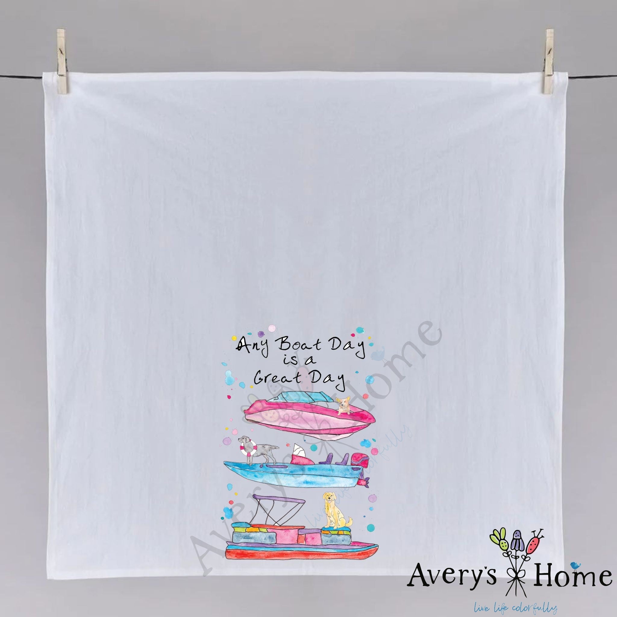 Any Boat Day dish towel folded, hemmed on all four sides