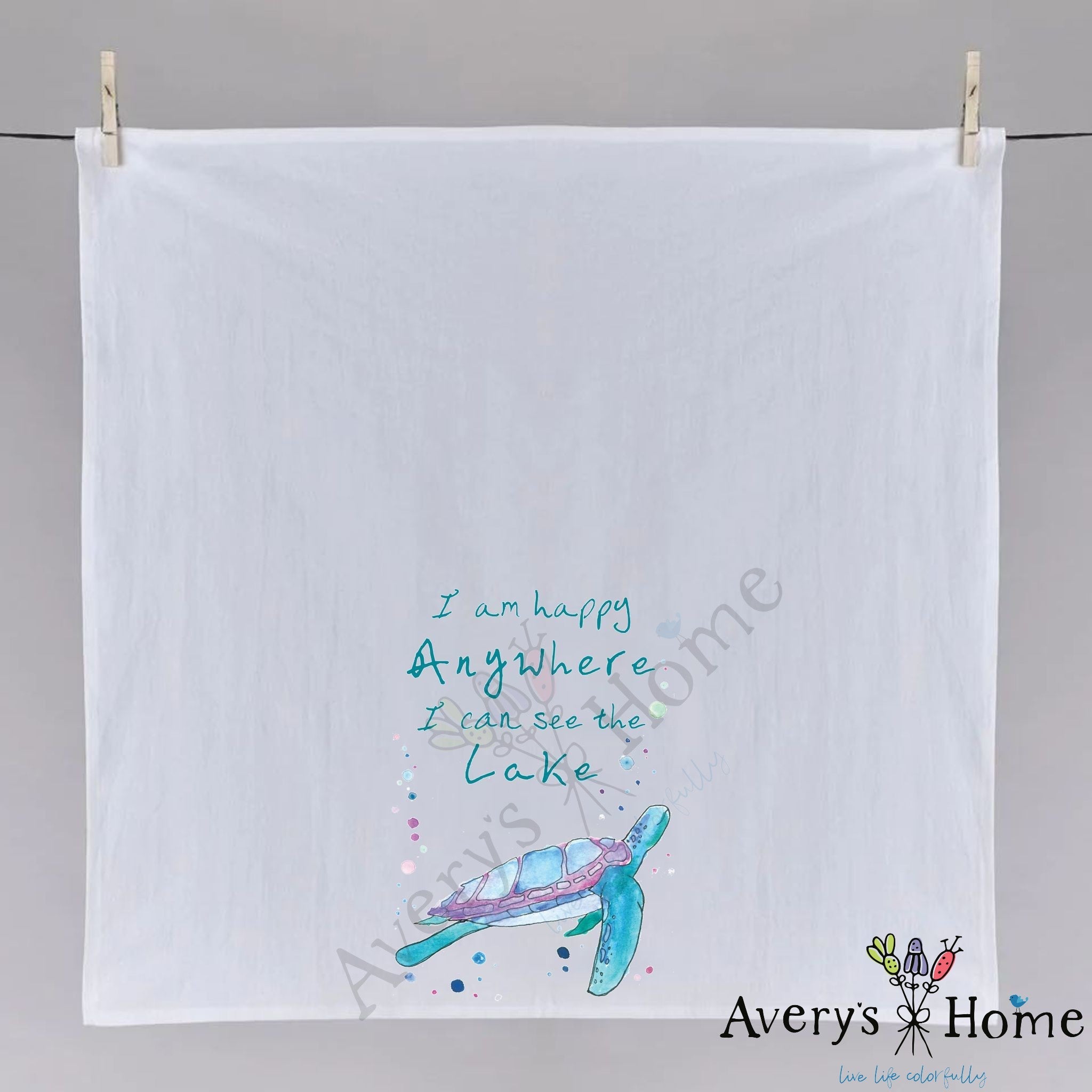 I Am Happy Anywhere Lake dish towel fully open, 27x27 flour sack cotton