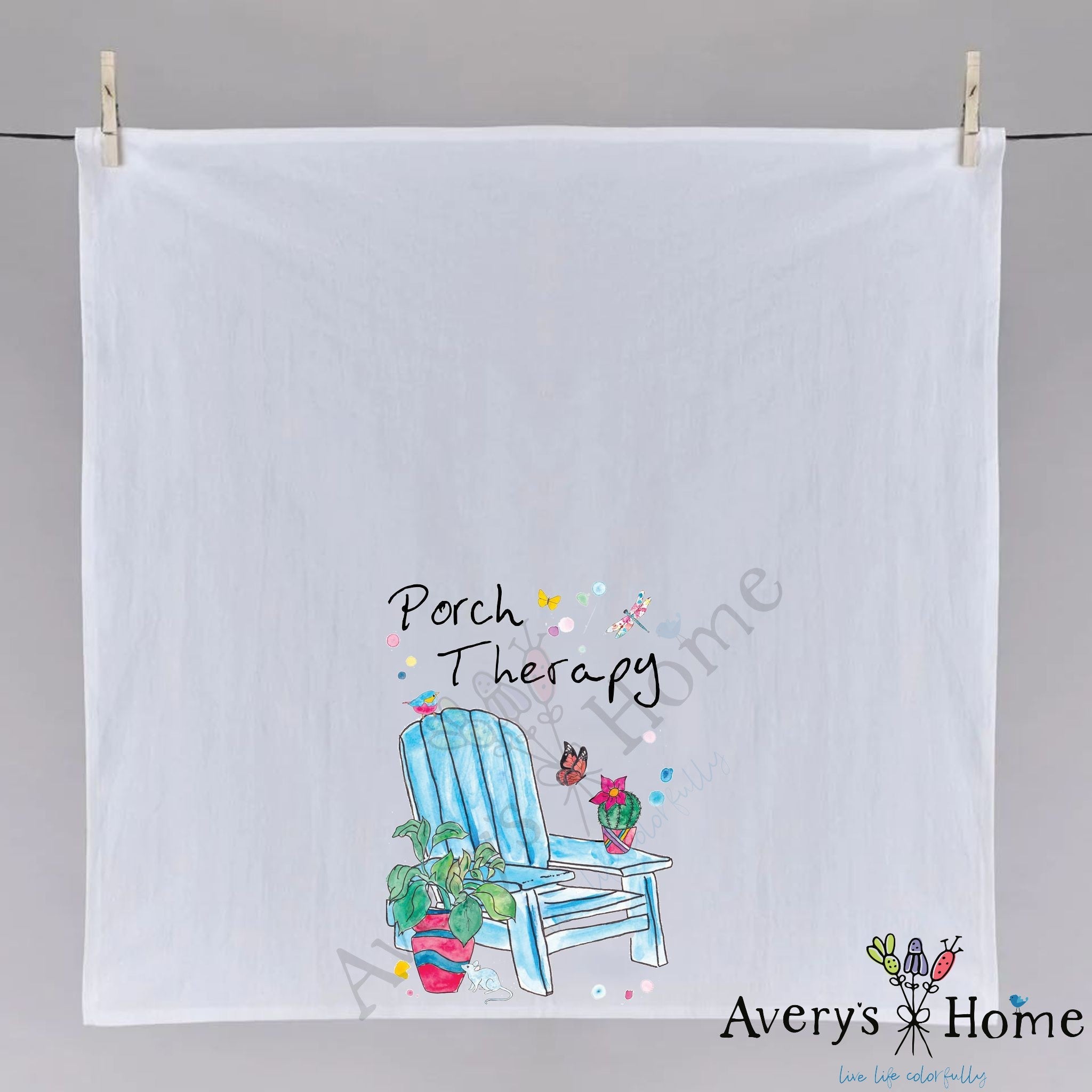 Porch Therapy with Plants dish towel folded, hemmed on all four sides