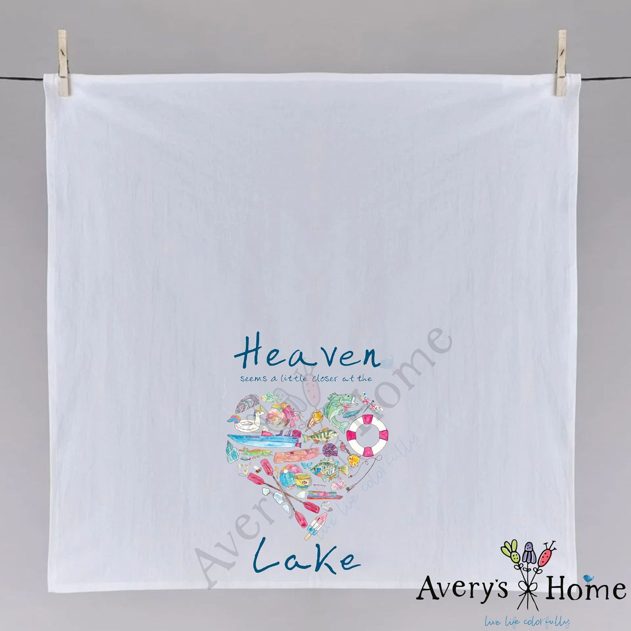 Heaven At the Lake dish towel folded, hemmed on all four sides