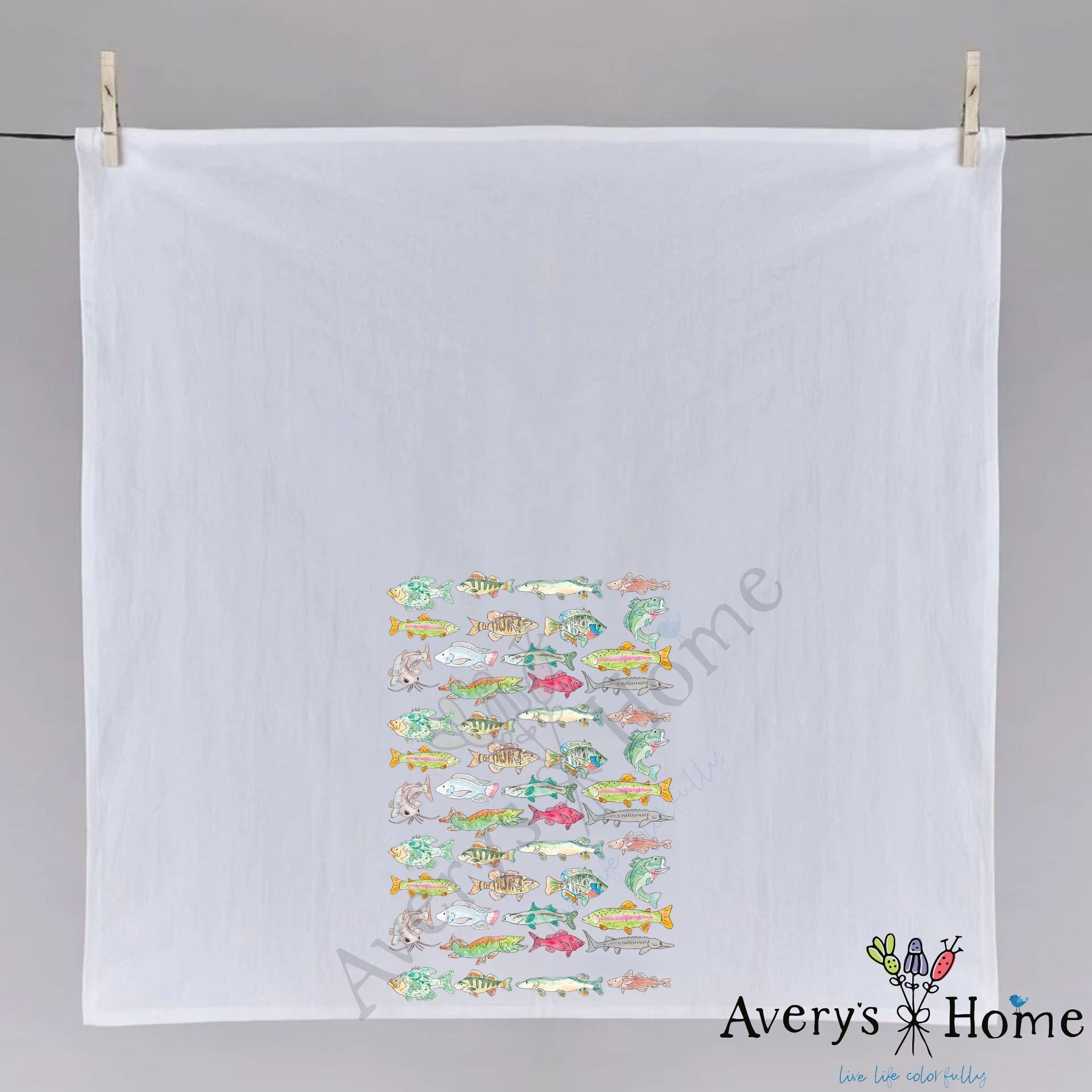 Lake Fish Pattern dish towel, 27x27 flour sack cotton