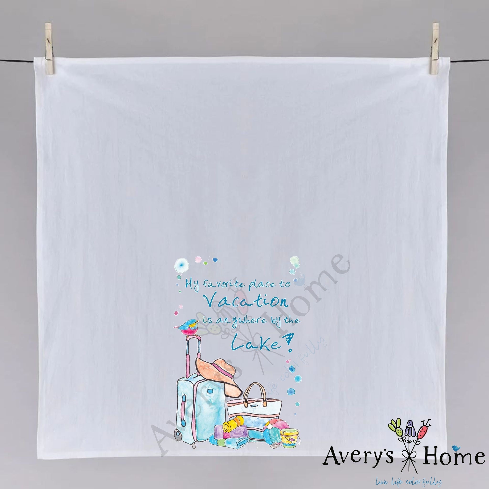 Summer Lake Vacation dish towel folded, hemmed on all four sides