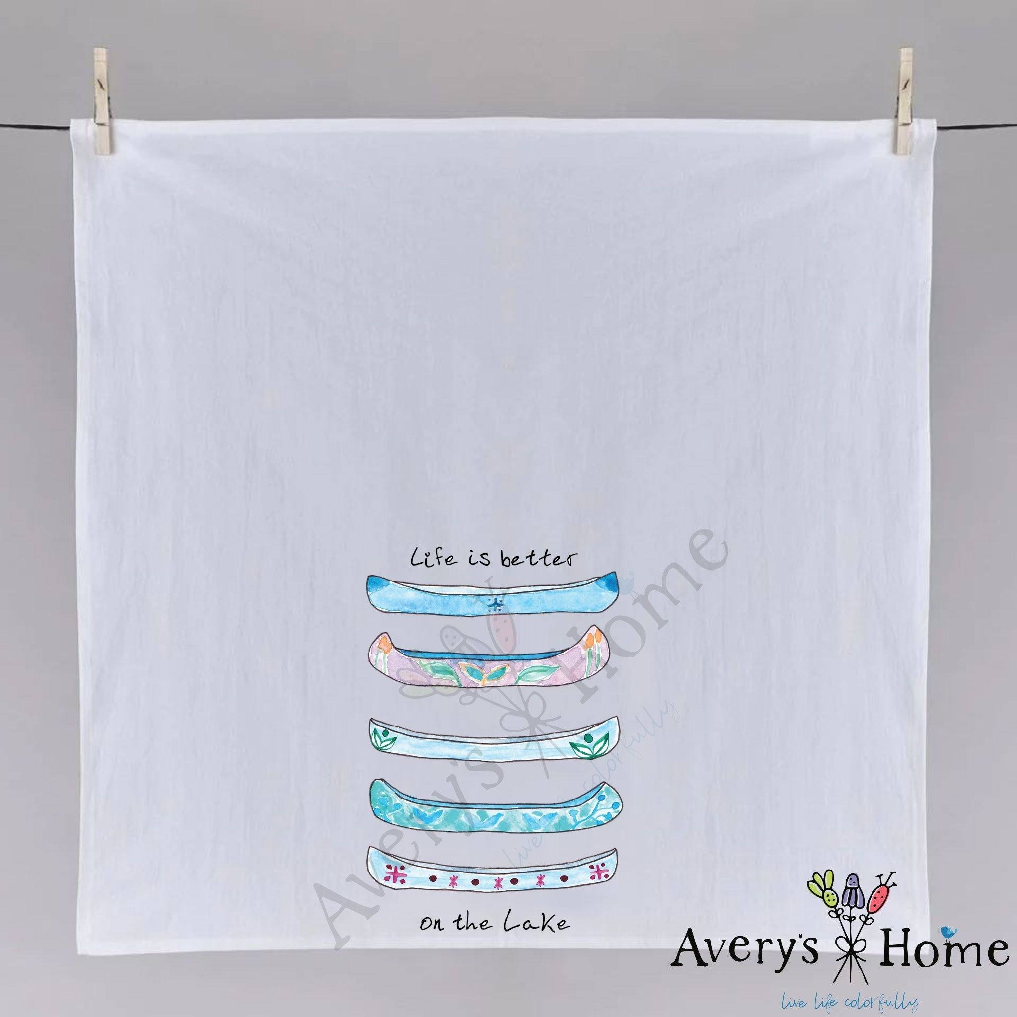 Lake Life and Canoes dish towel, 27x27 flour sack cotton