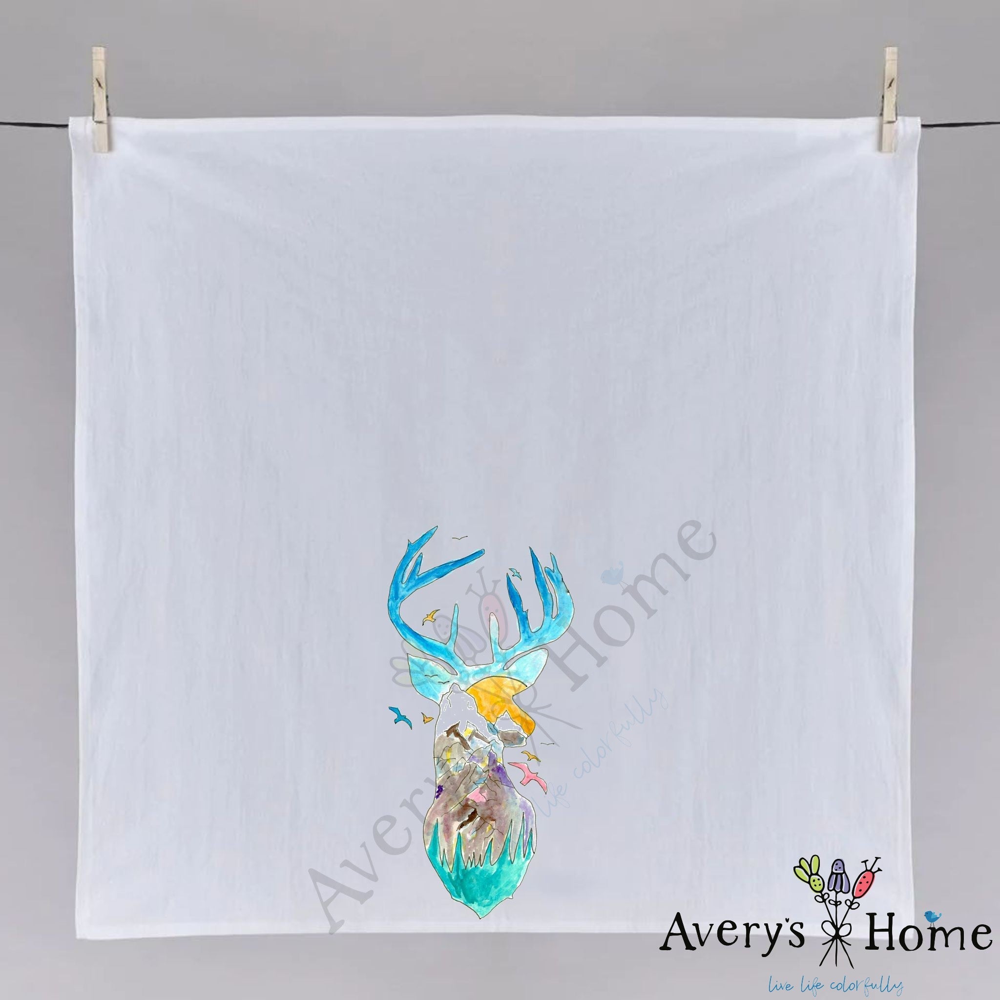 Mountain Deer dish towel hanging in the kitchen