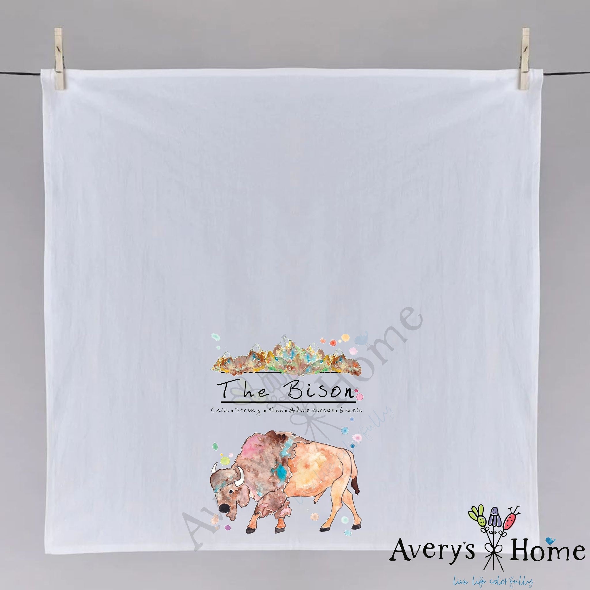 Mountain Bison dish towel folded, hemmed on all four sides