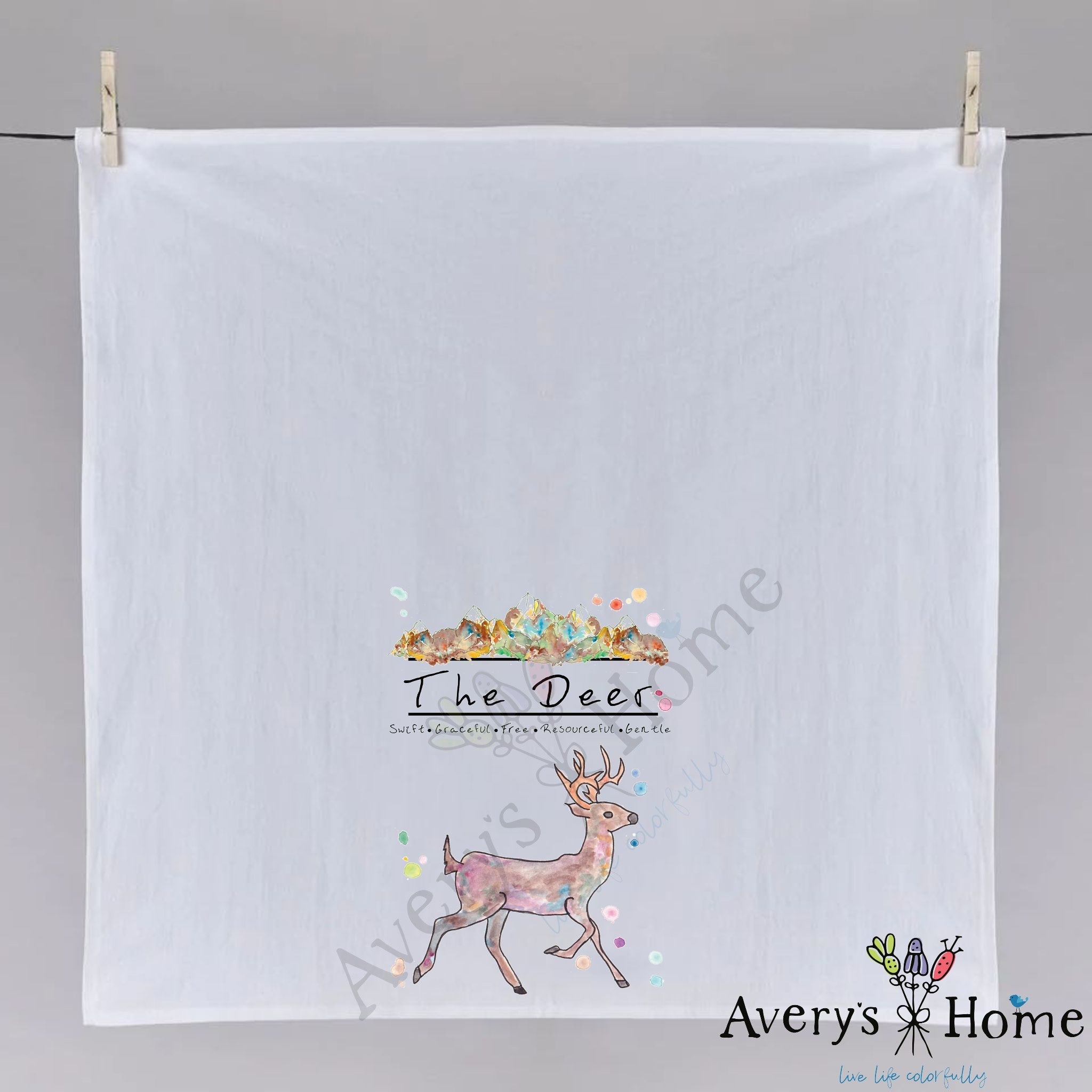 Mountain White-tailed Deer dish towel hanging in the kitchen
