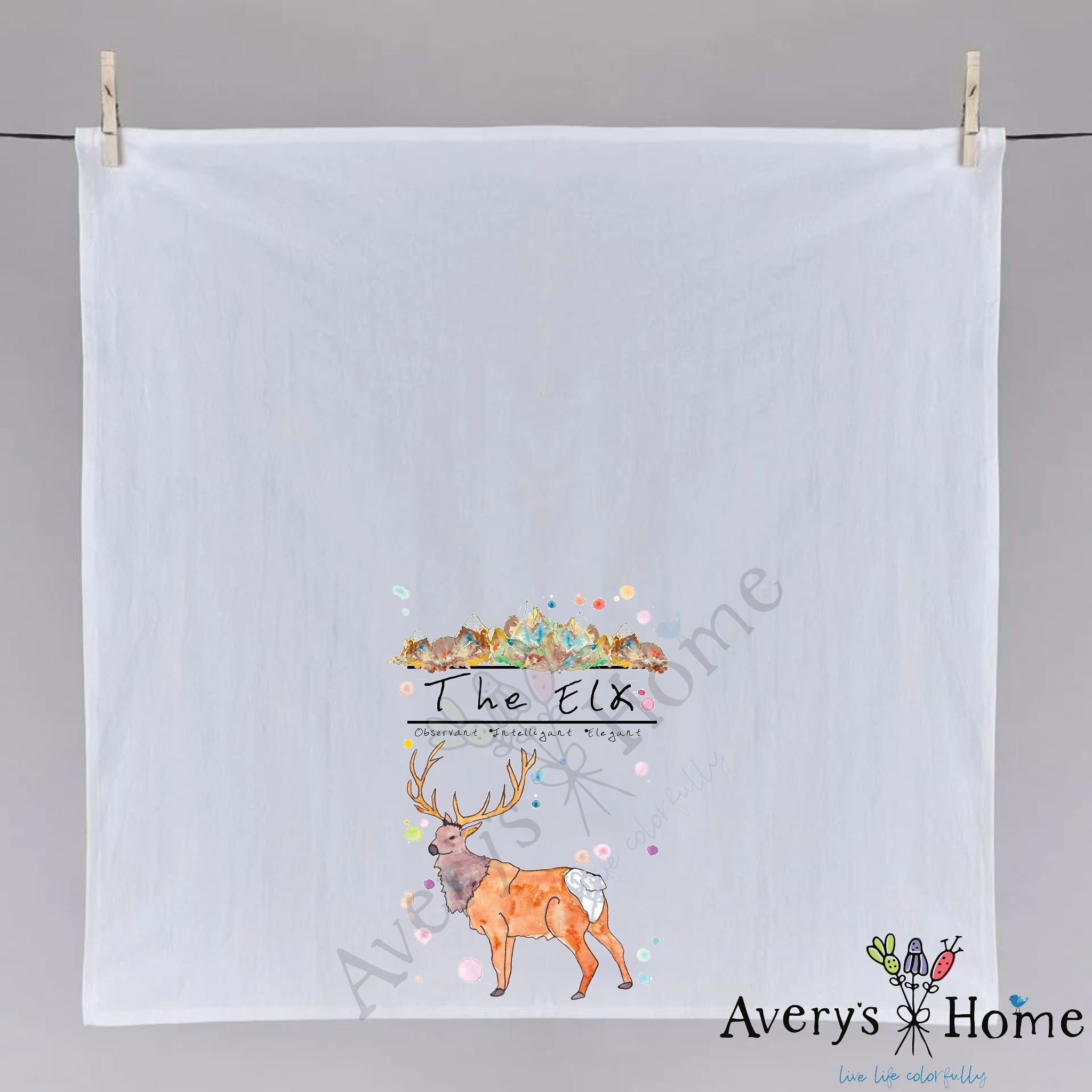 Mountain Elk dish towel hanging in the kitchen