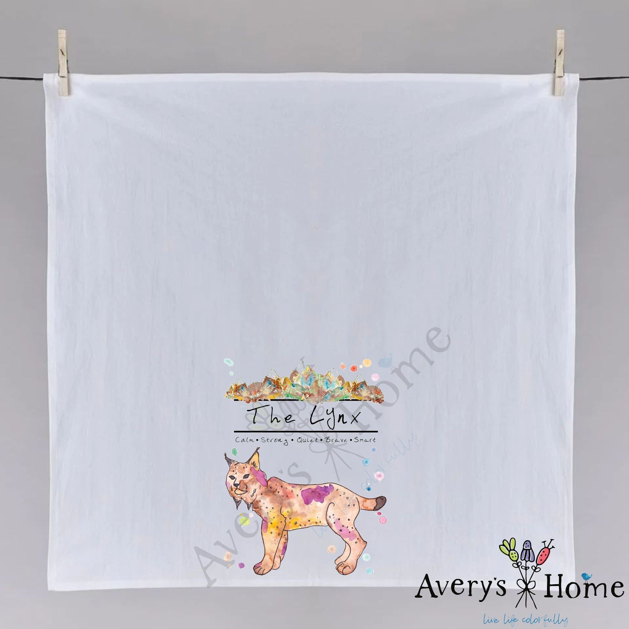 Mountain Lynx dish towel hanging in the kitchen