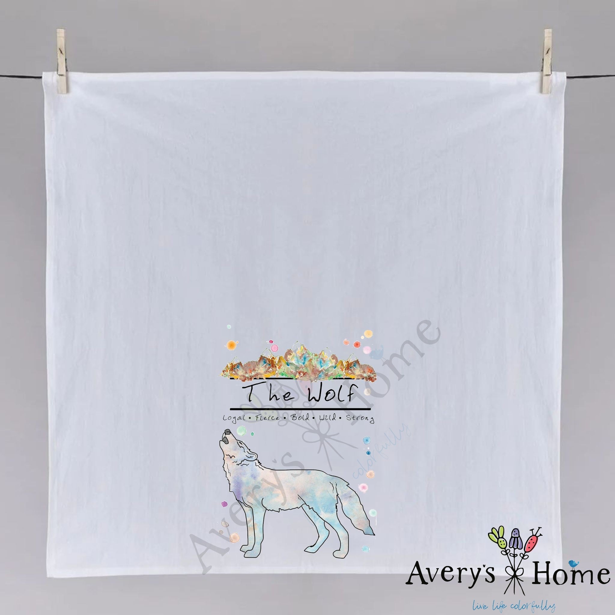 Mountain Wolf dish towel hanging in the kitchen