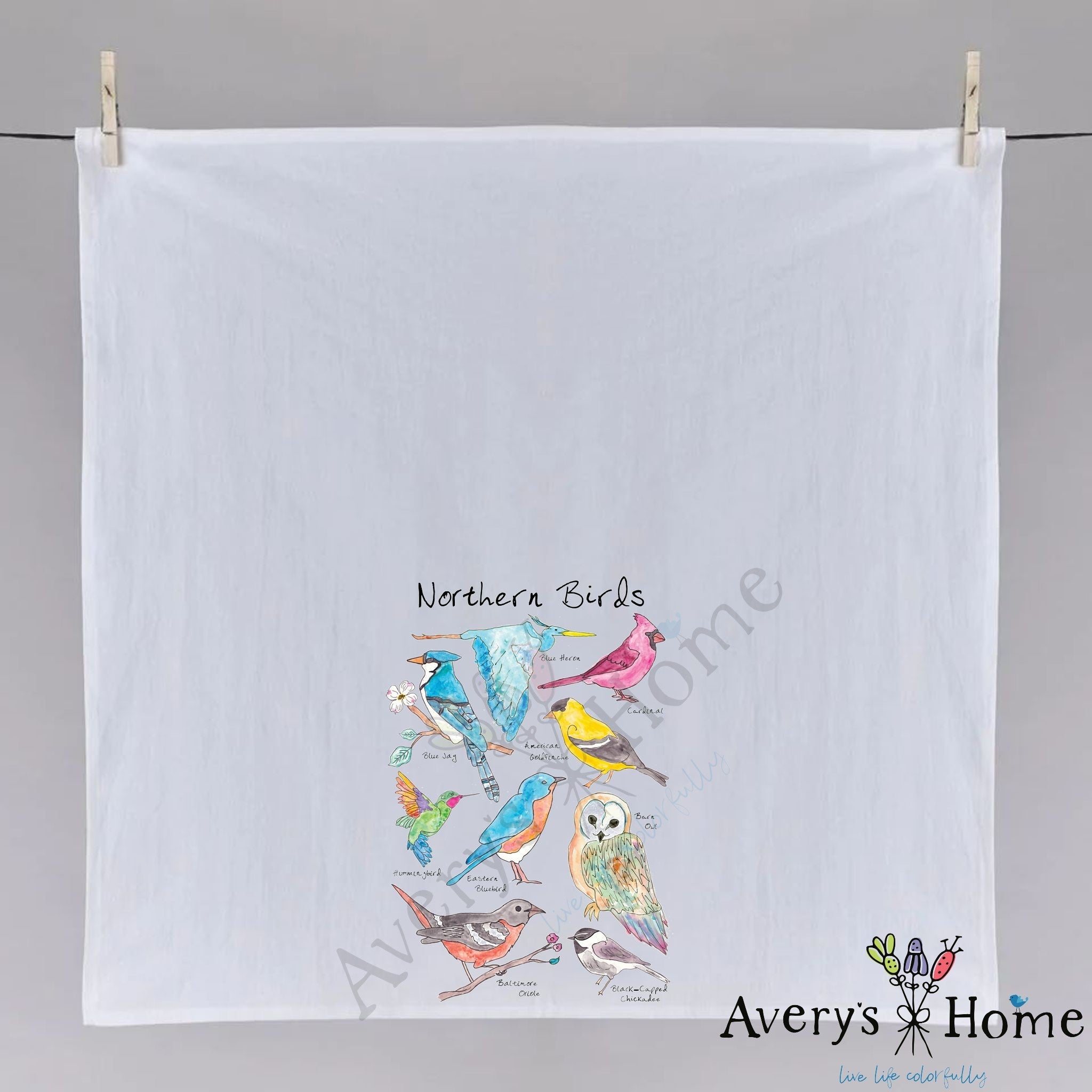 Northern Bird Watching dish towel, 27x27 flour sack cotton