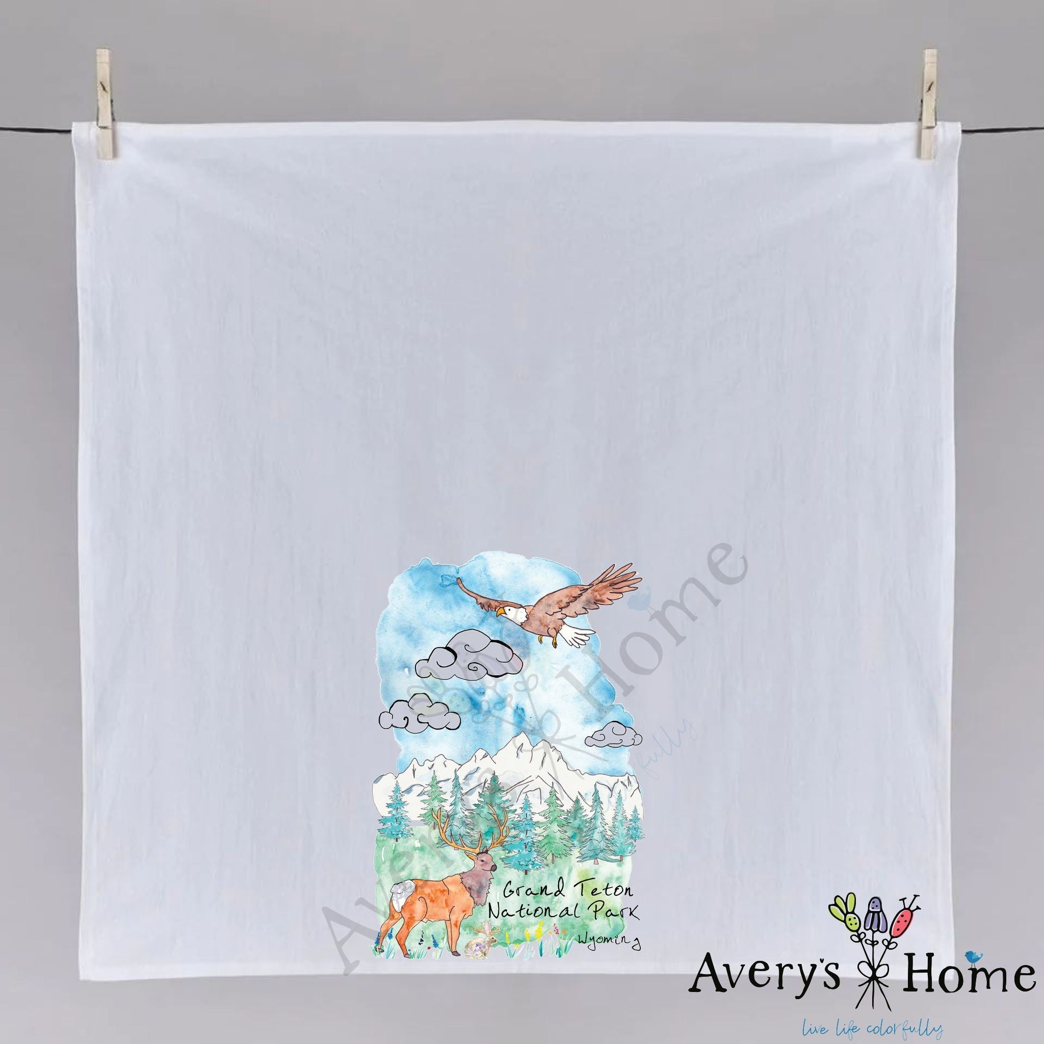 Grand Teton National Park Wyoming dish towel hanging in the kitchen