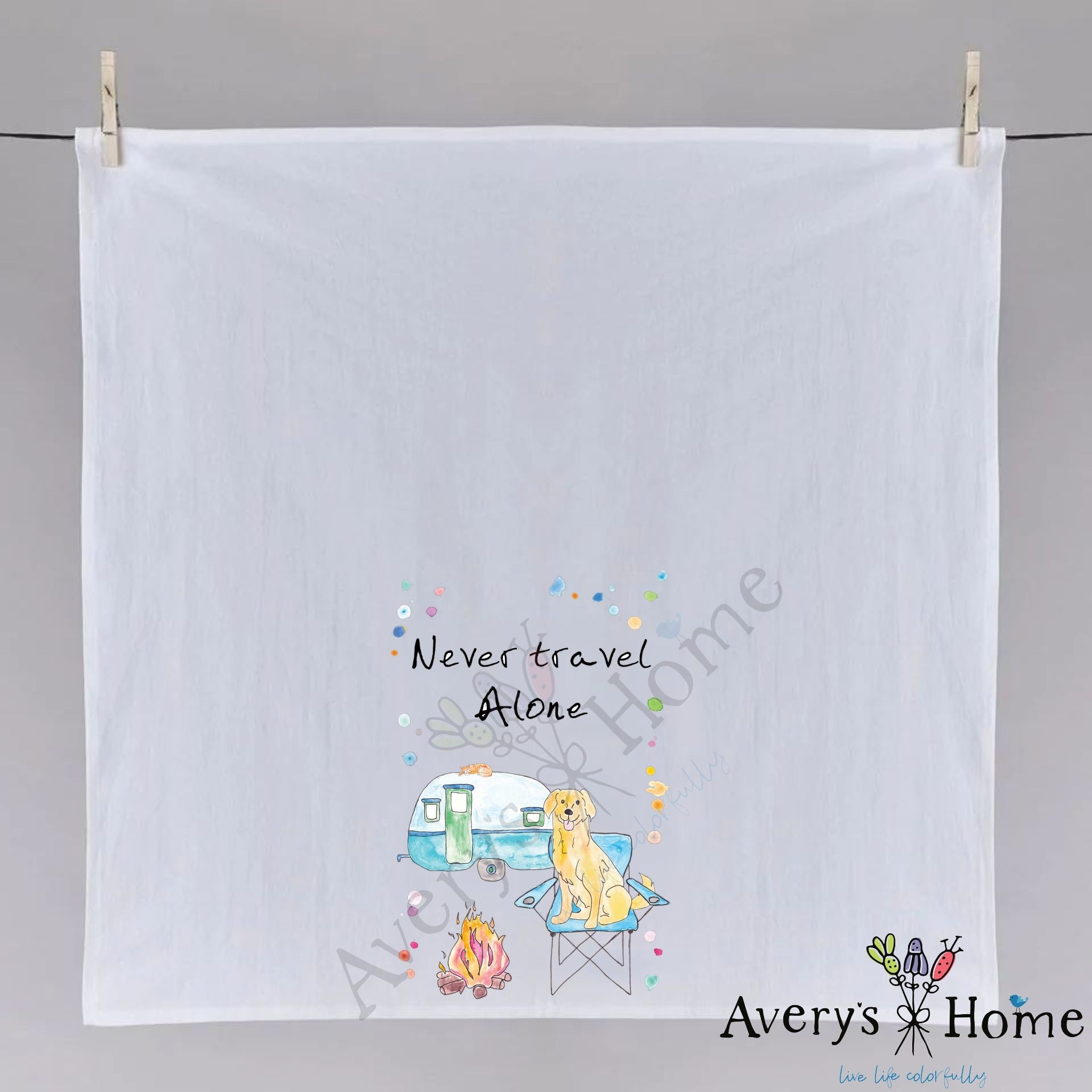 Never Travel Alone dish towel folded, hemmed on all four sides