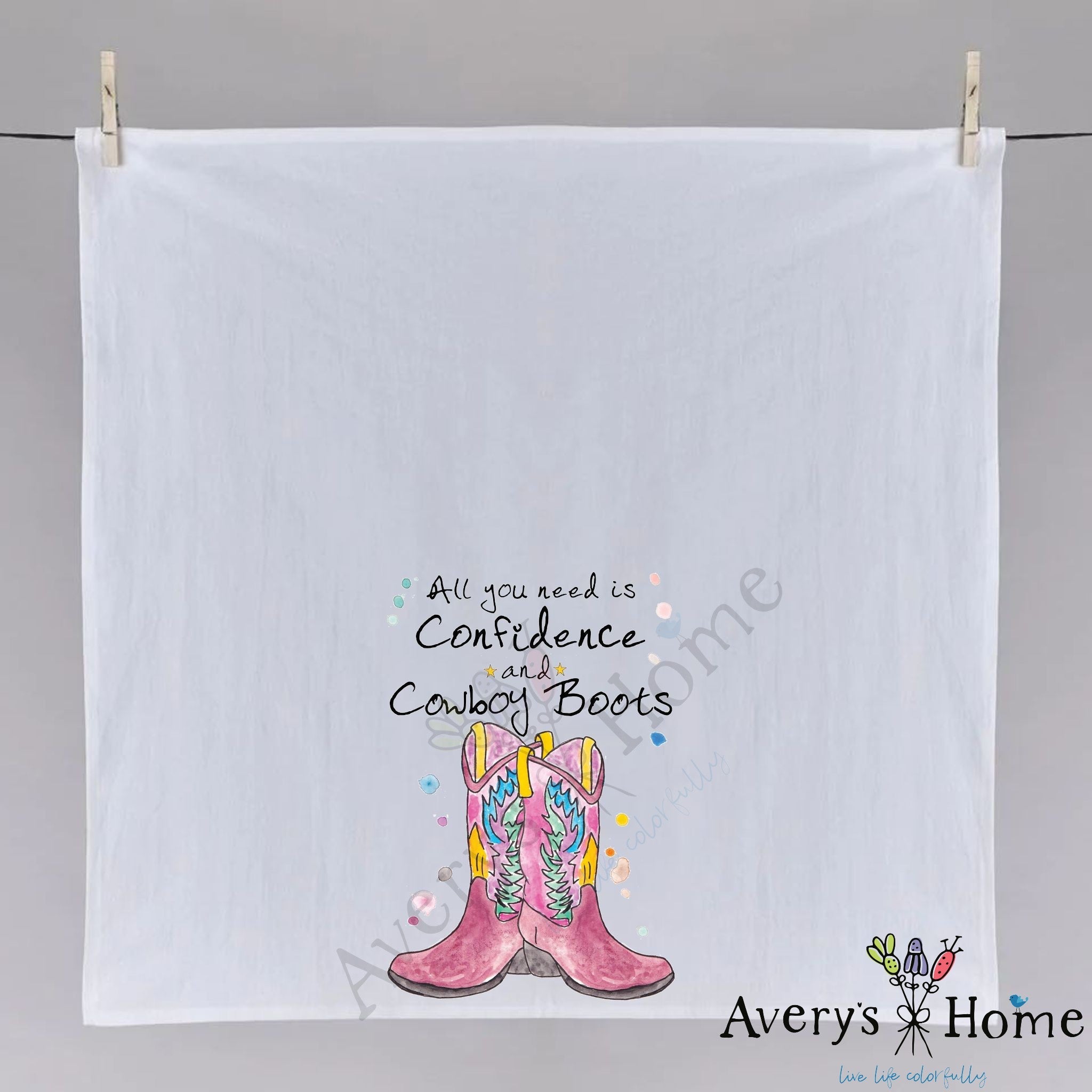Cowboy Boots and Confidence dish towel folded, hemmed on all four sides