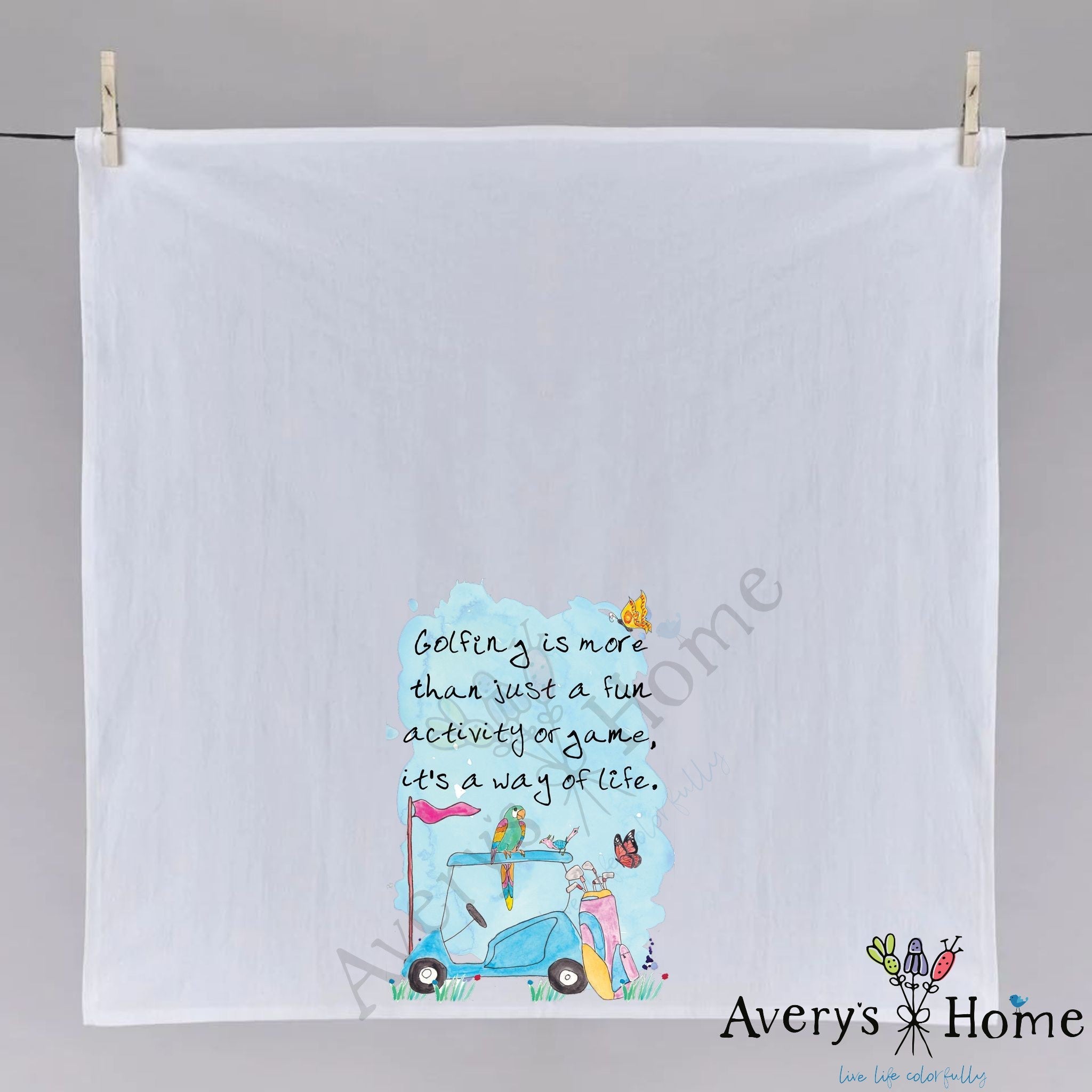 Golfing is a Lifestyle dish towel hanging in the kitchen