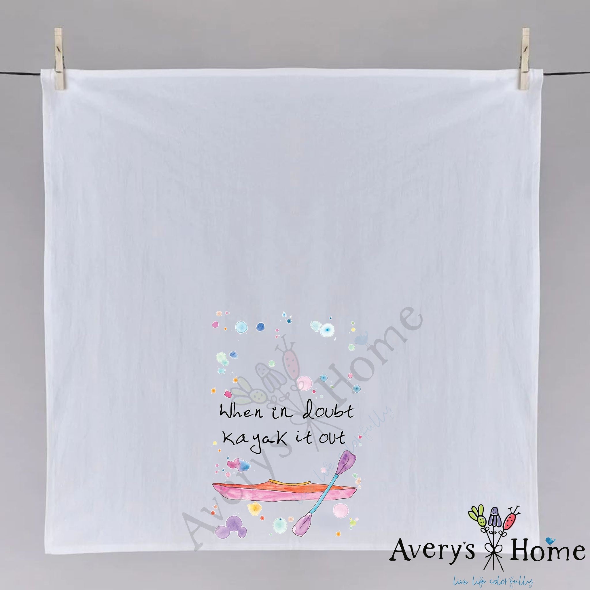 Kayak it Out dish towel folded, hemmed on all four sides