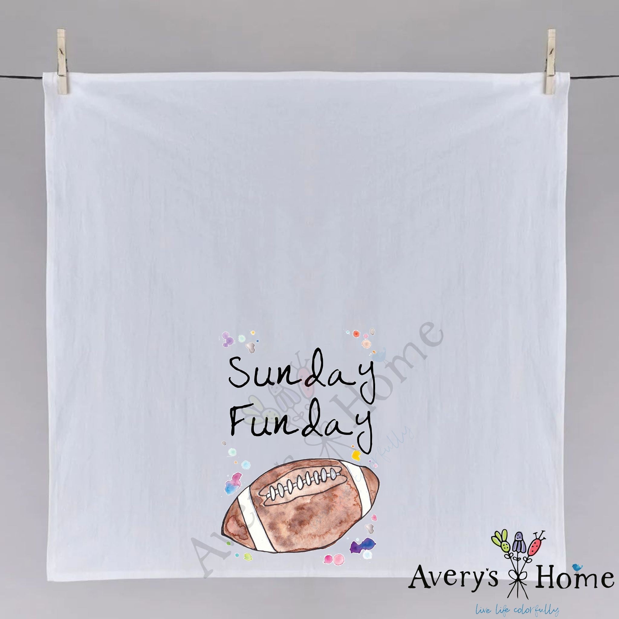 Football Sunday Funday dish towel fully open, 27x27 flour sack cotton