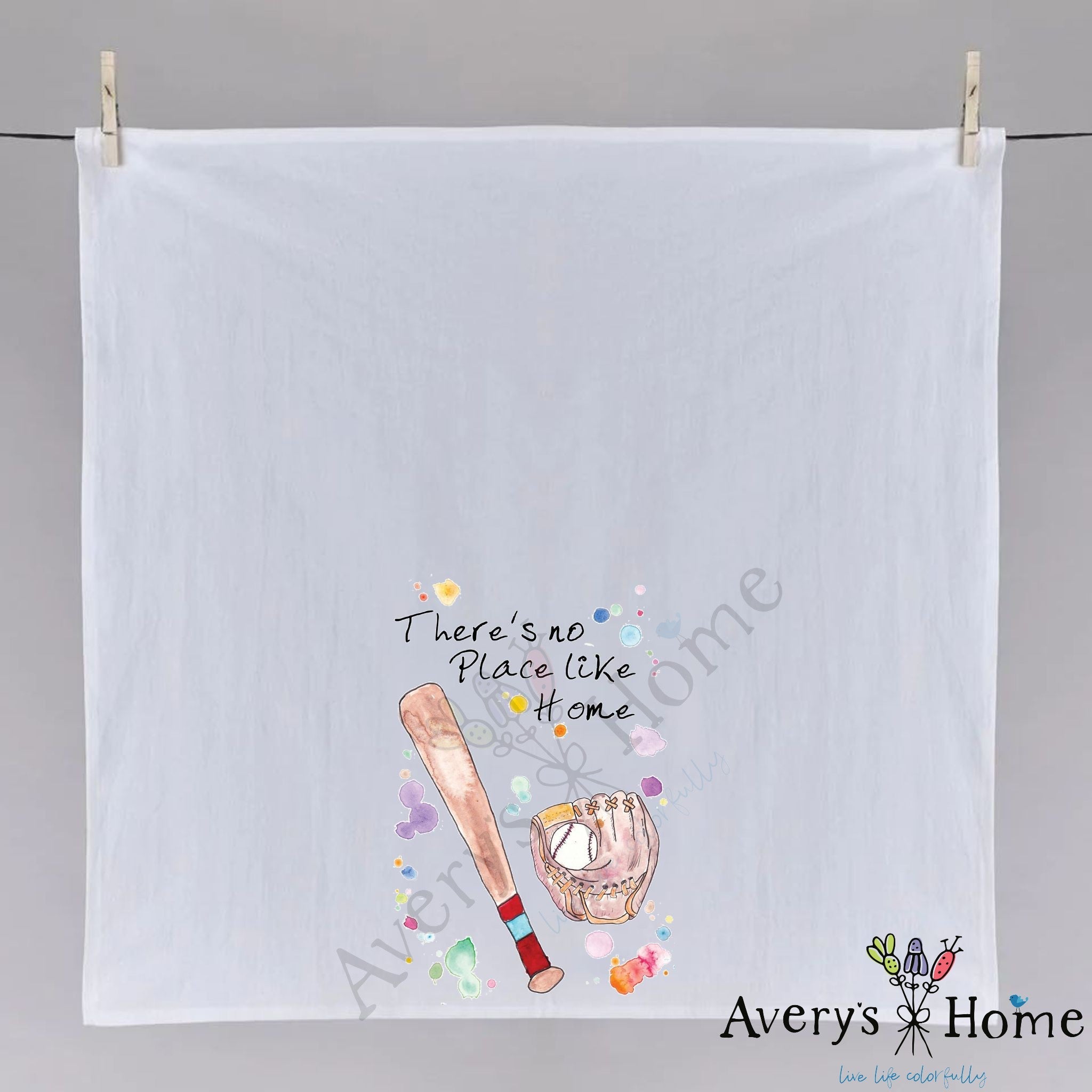 Baseball No Place Like Home dish towel fully open, 27x27 flour sack cotton