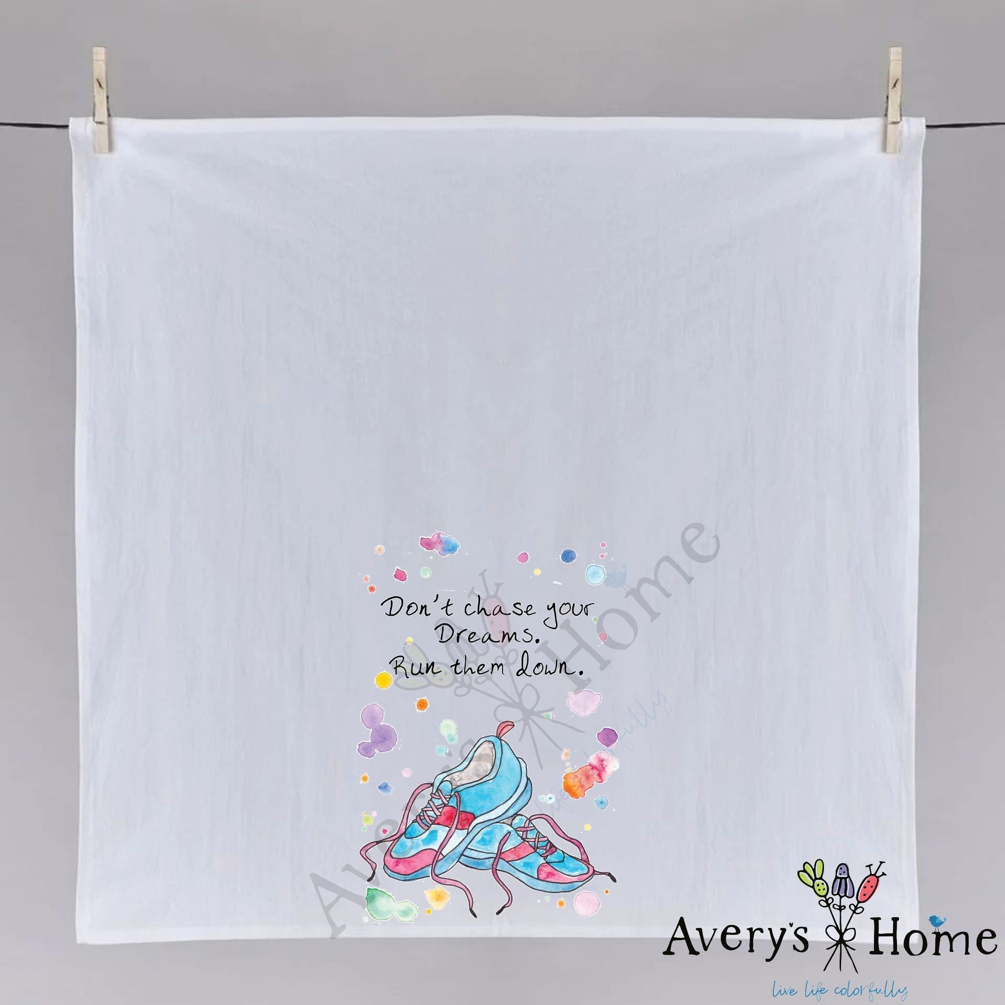 Run Your Dreams Down dish towel folded, hemmed on all four sides