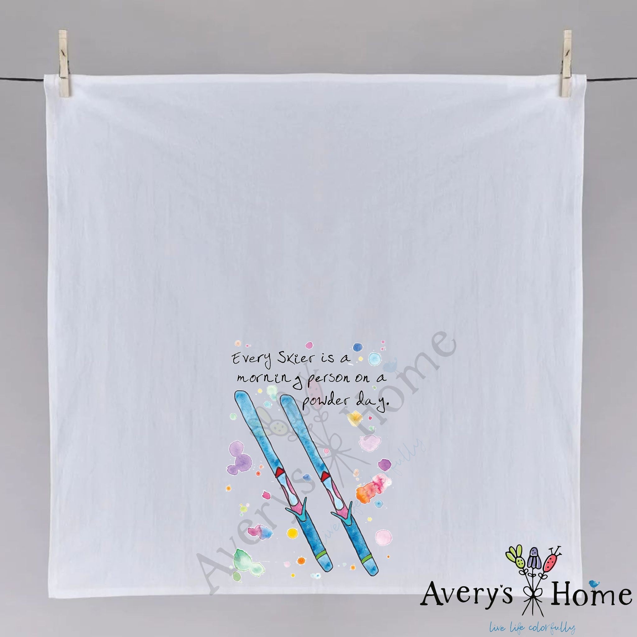 Skiing Morning Person dish towel folded, hemmed on all four sides
