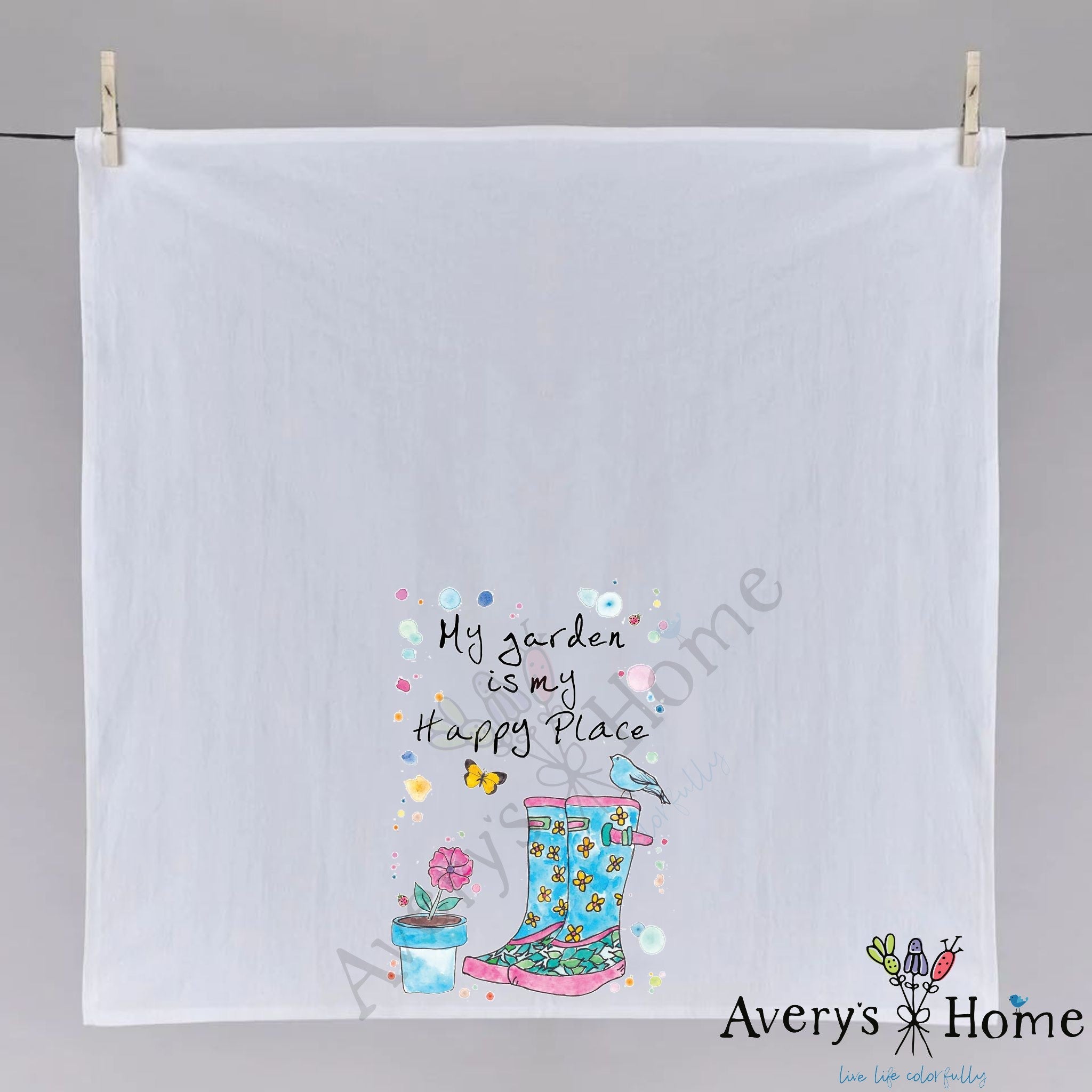 Gardening is My Happy Place dish towel fully open, 27x27 flour sack cotton