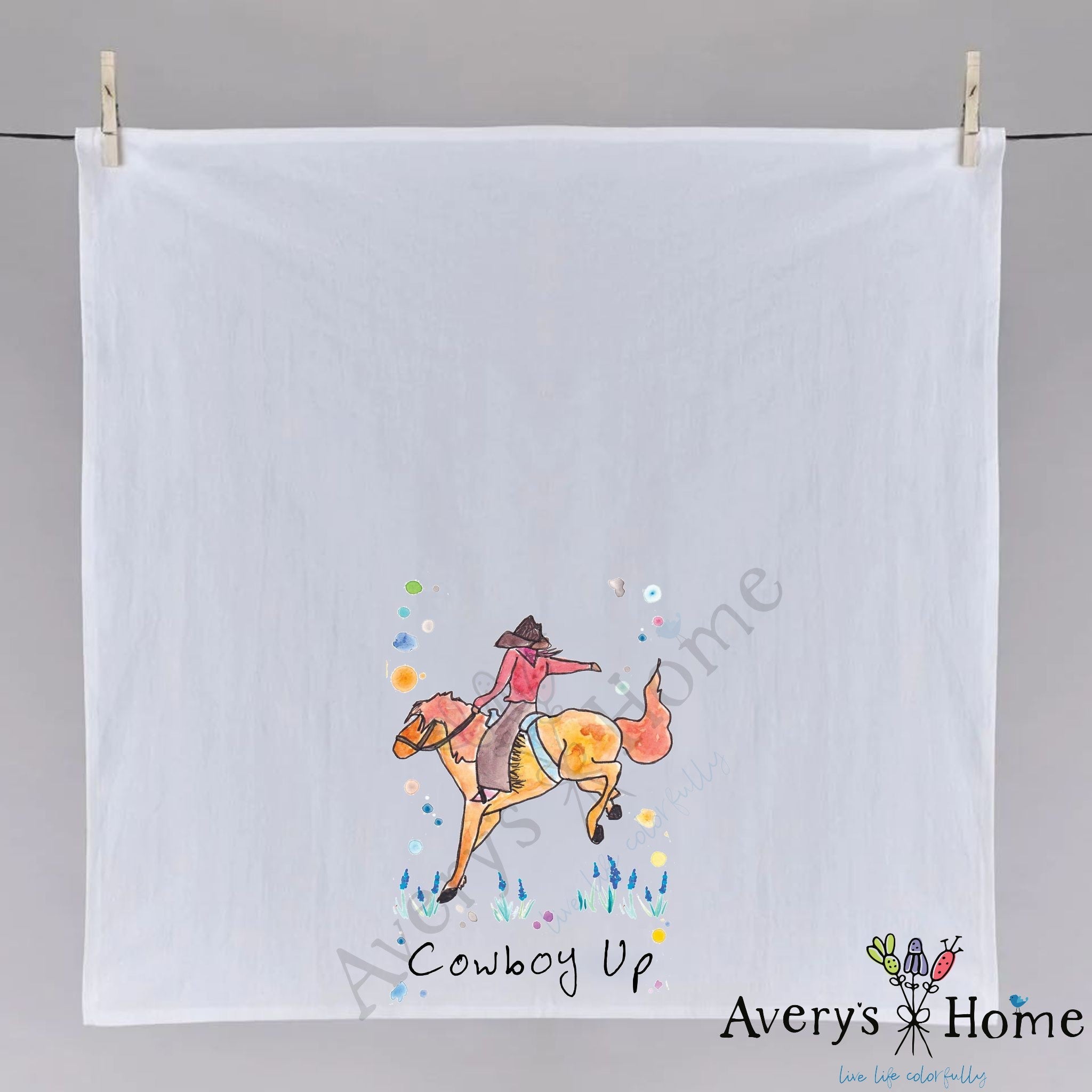 Cowboy Up dish towel folded, hemmed on all four sides