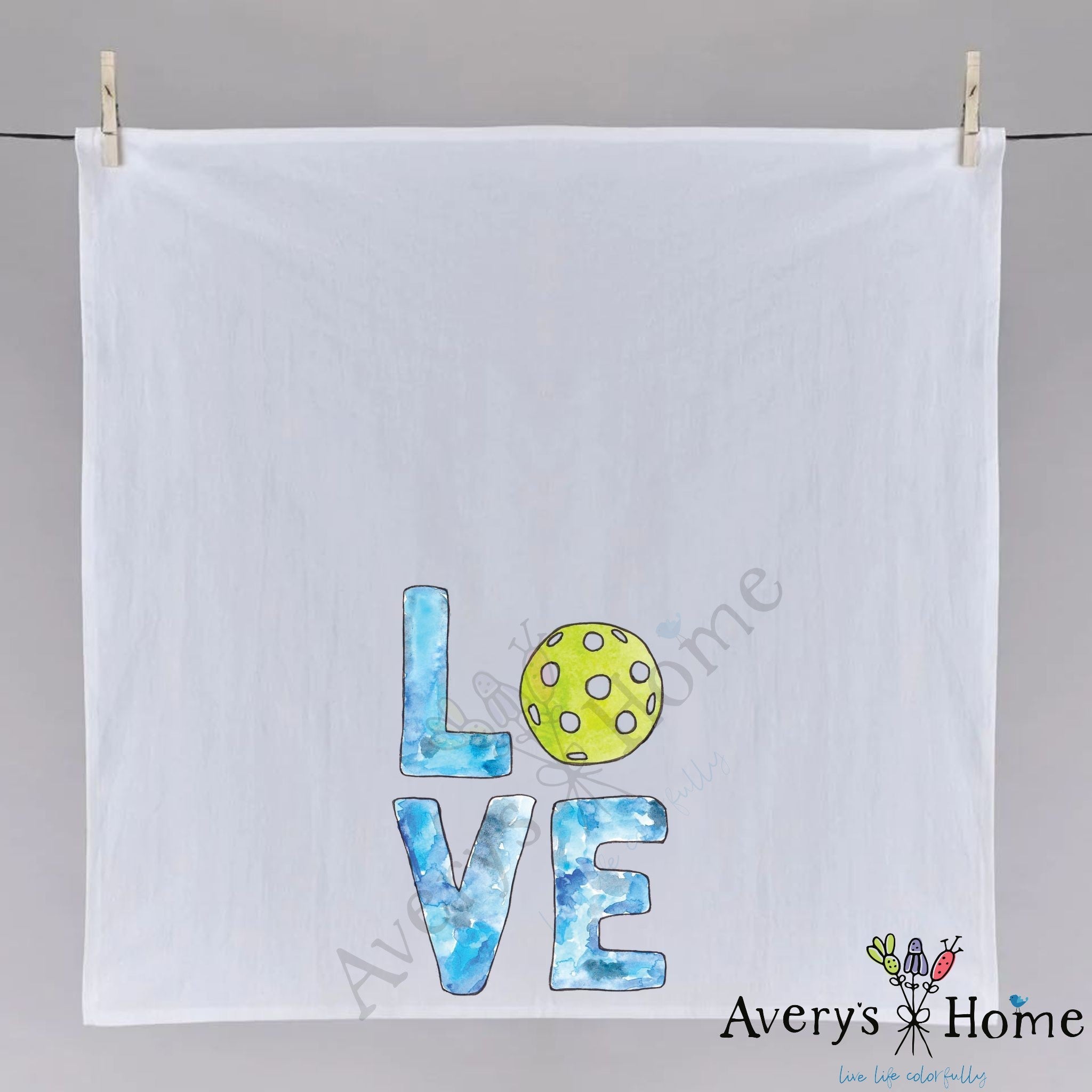 Pickleball LOVE dish towel folded, hemmed on all four sides