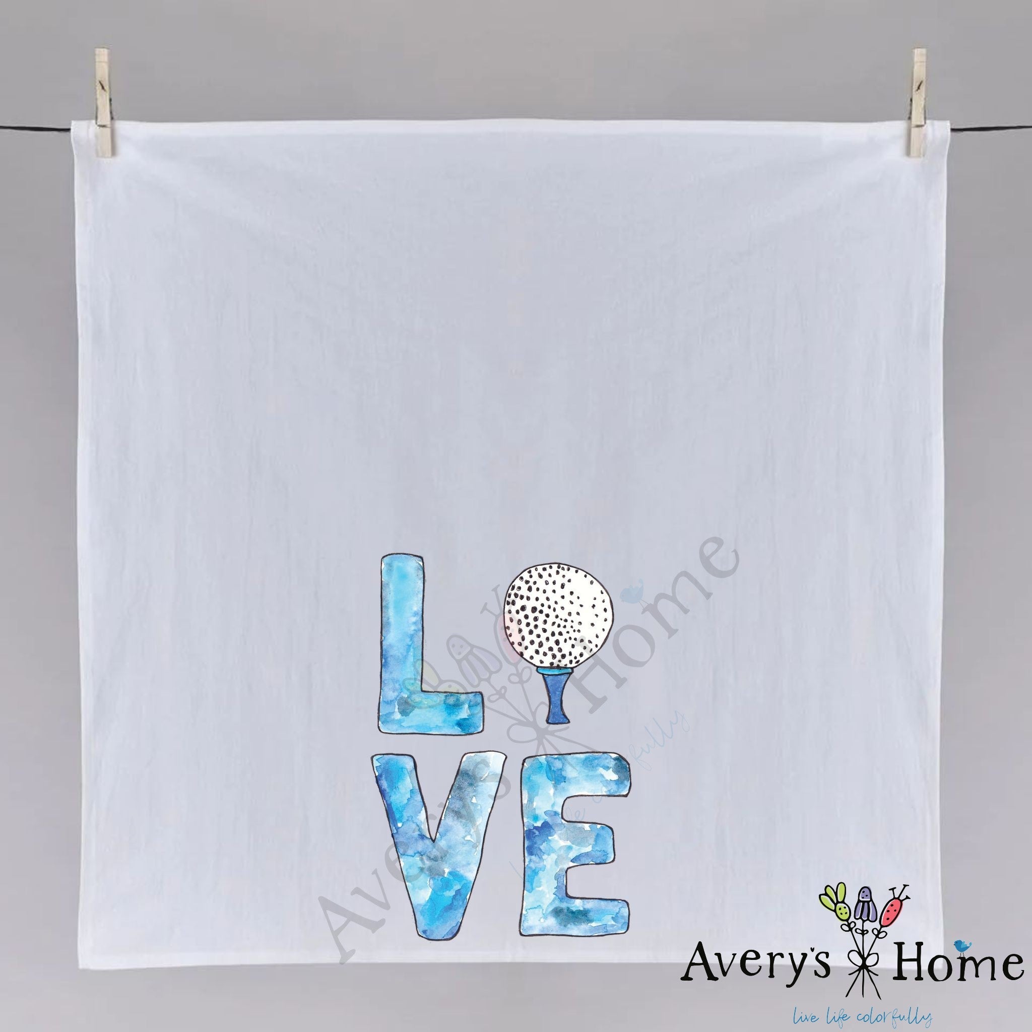 Golf LOVE dish towel fully open, 27x27 flour sack cotton