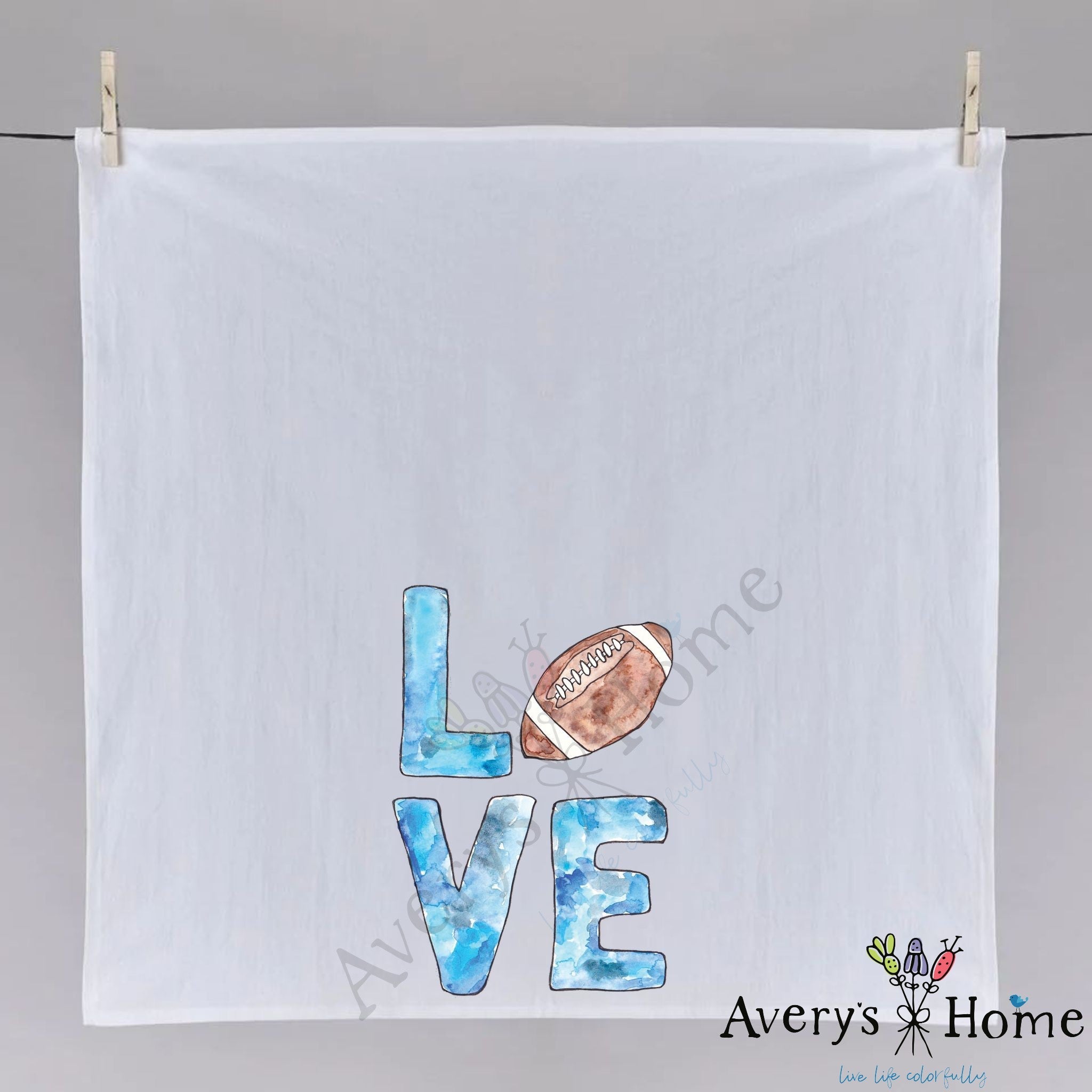 Football LOVE dish towel fully open, 27x27 flour sack cotton