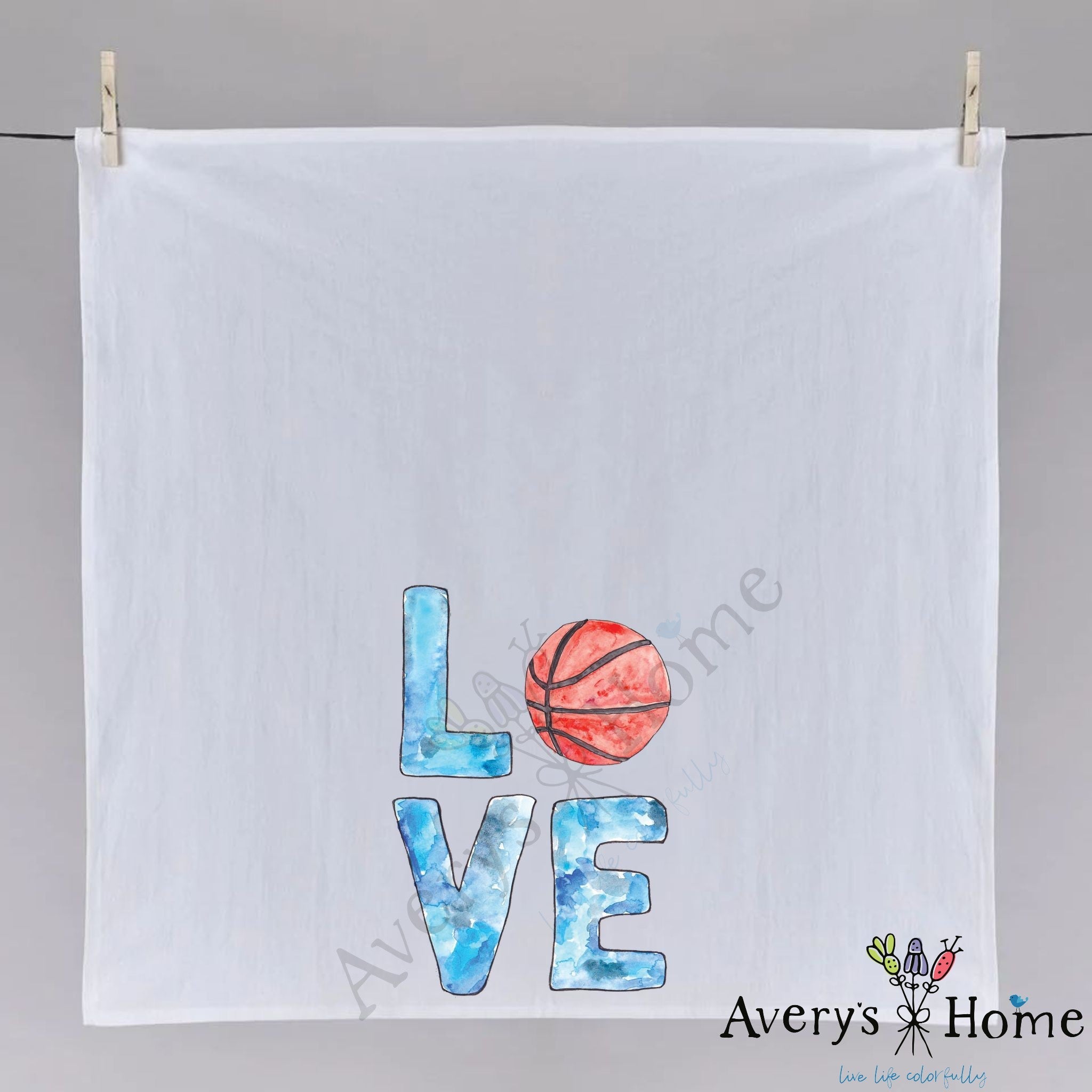 Basketball LOVE dish towel fully open, 27x27 flour sack cotton