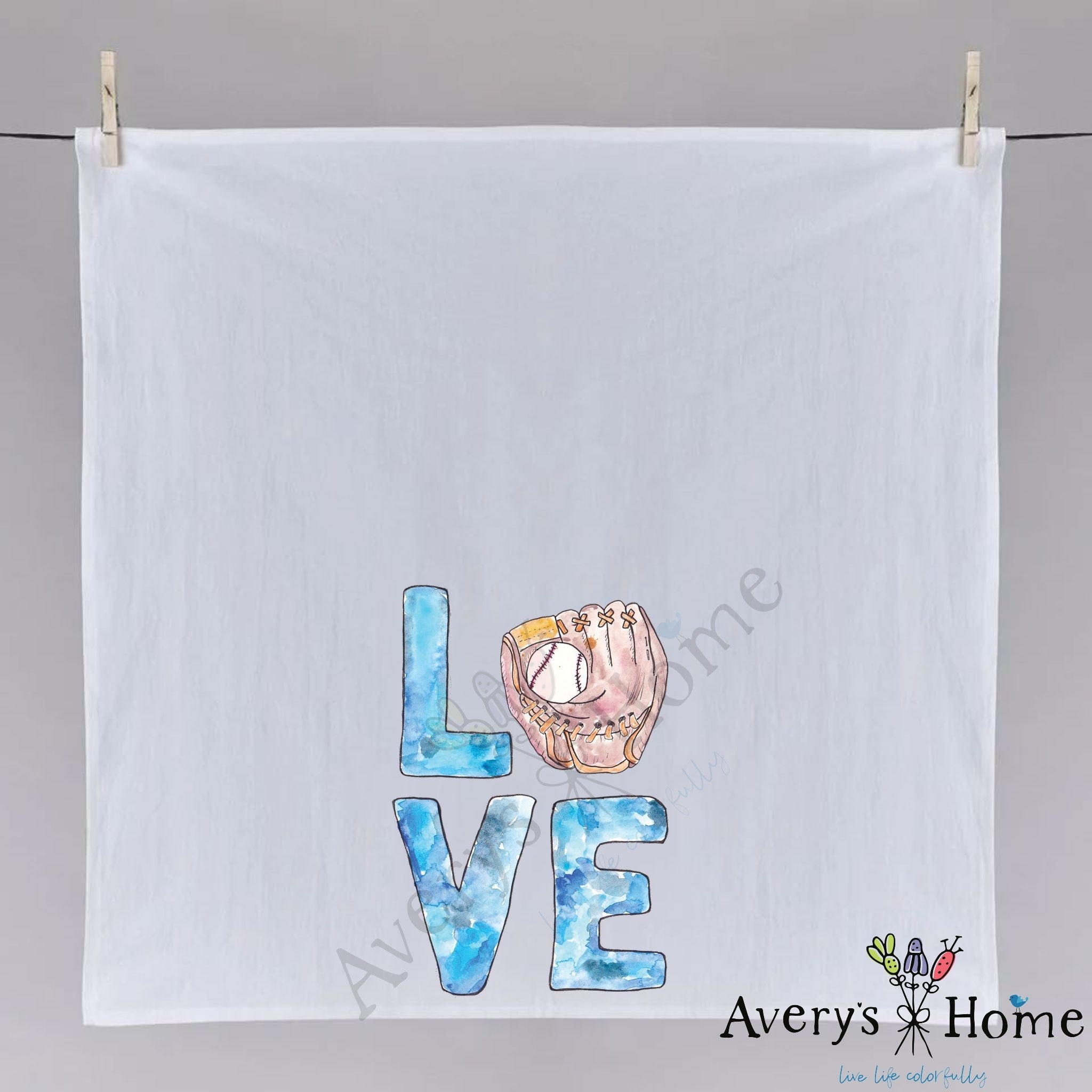 Baseball LOVE dish towel fully open, 27x27 flour sack cotton
