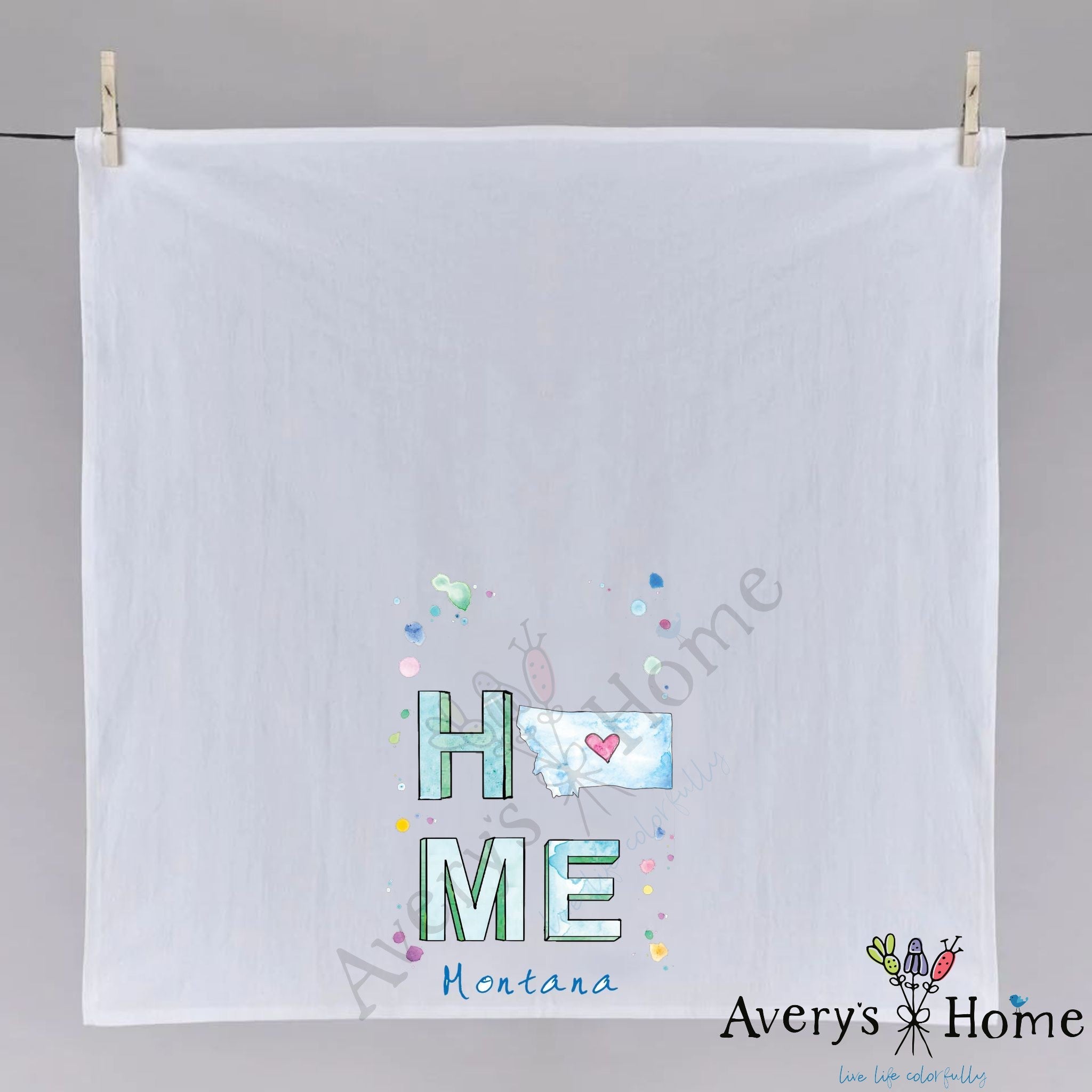 HOME in Montana dish towel fully open, 27x27 flour sack cotton